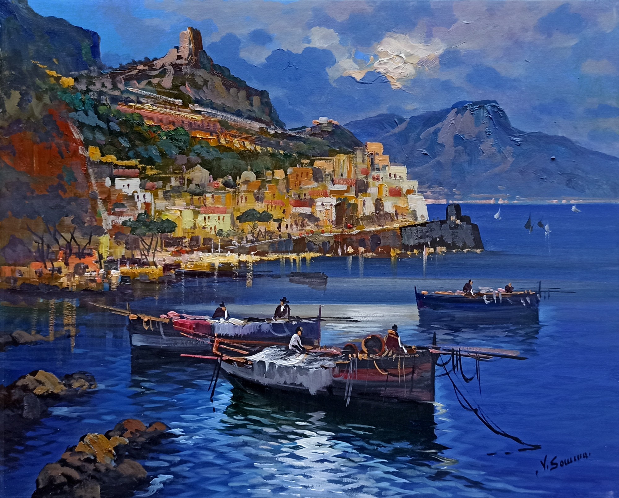 Vincenzo Somma, Fishing boats night version - Amalfi painting seaside Vincenzo Somma, Fishing boats night version - Amalfi painting seaside