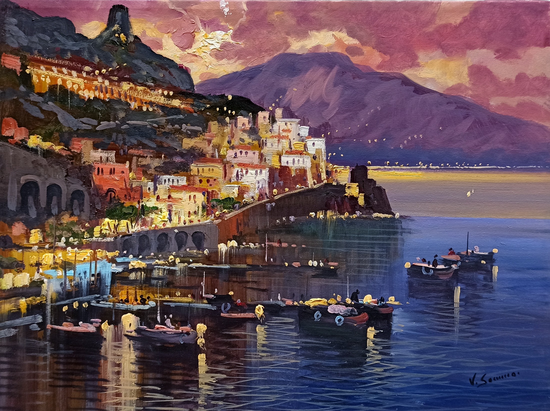Vincenzo Somma, Sunset on the coast - Amalfi painting warm colors version Vincenzo Somma, Sunset on the coast - Amalfi painting warm colors version