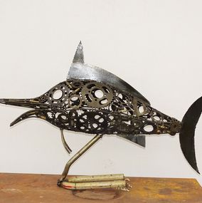 Sculpture, Poisson sur socle en métal recyclé, Hassan Laamirat