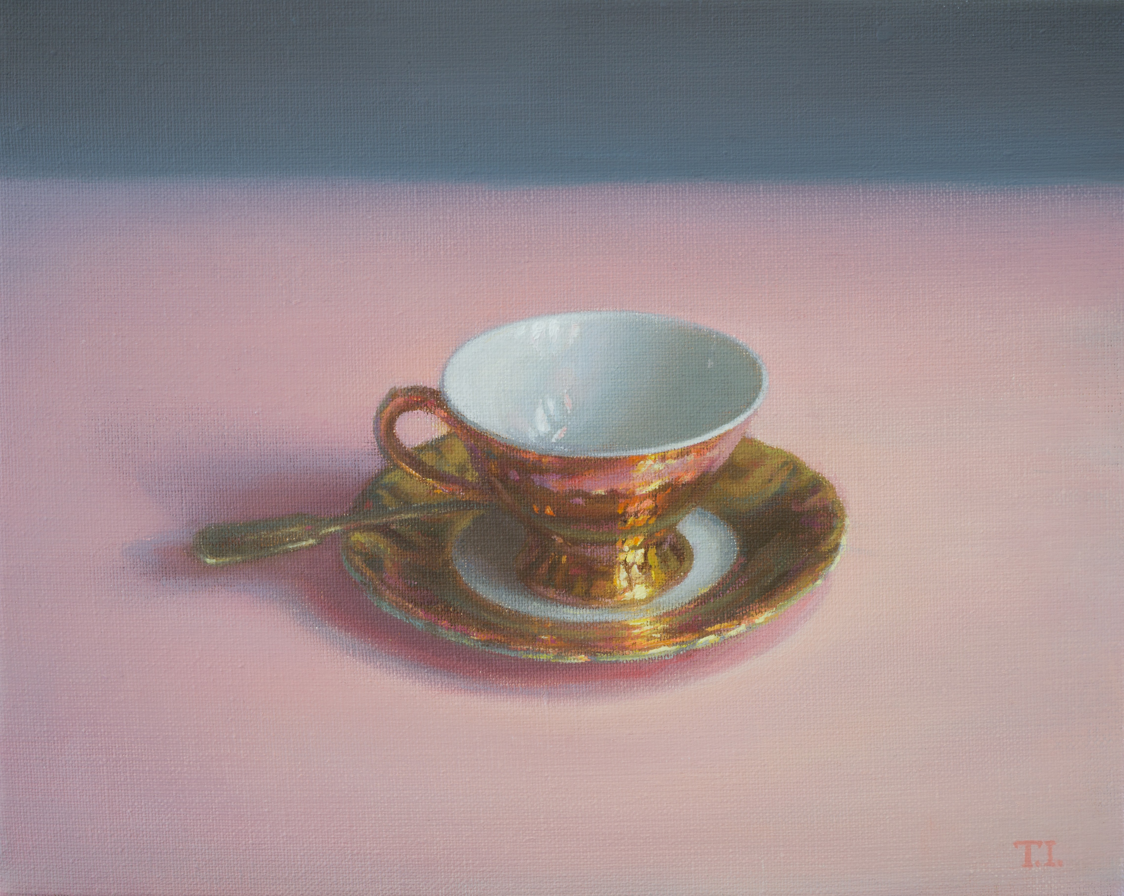 Irina Trushkova, Coffee cup on pink tablecloth Irina Trushkova, Coffee cup on pink tablecloth