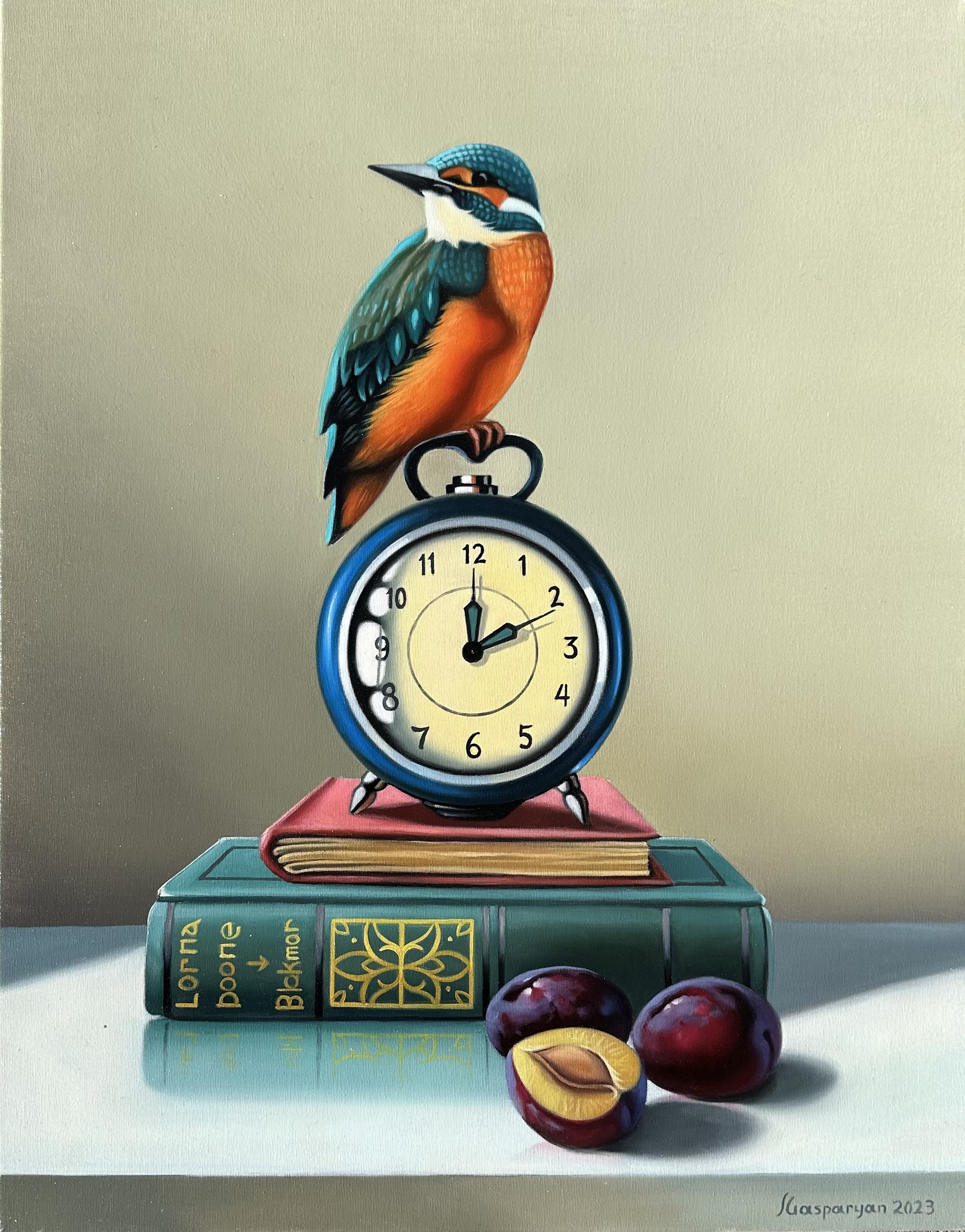 Ara Gasparyan, Still life with bird, clock and books Ara Gasparyan, Still life with bird, clock and books