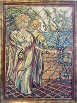 Painting, Femme à l'éventail, jardin au bord du Nil, Catherine Clare