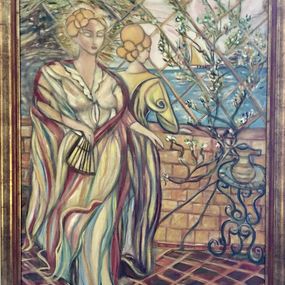 Painting, Femme à l'éventail, jardin au bord du Nil, Catherine Clare