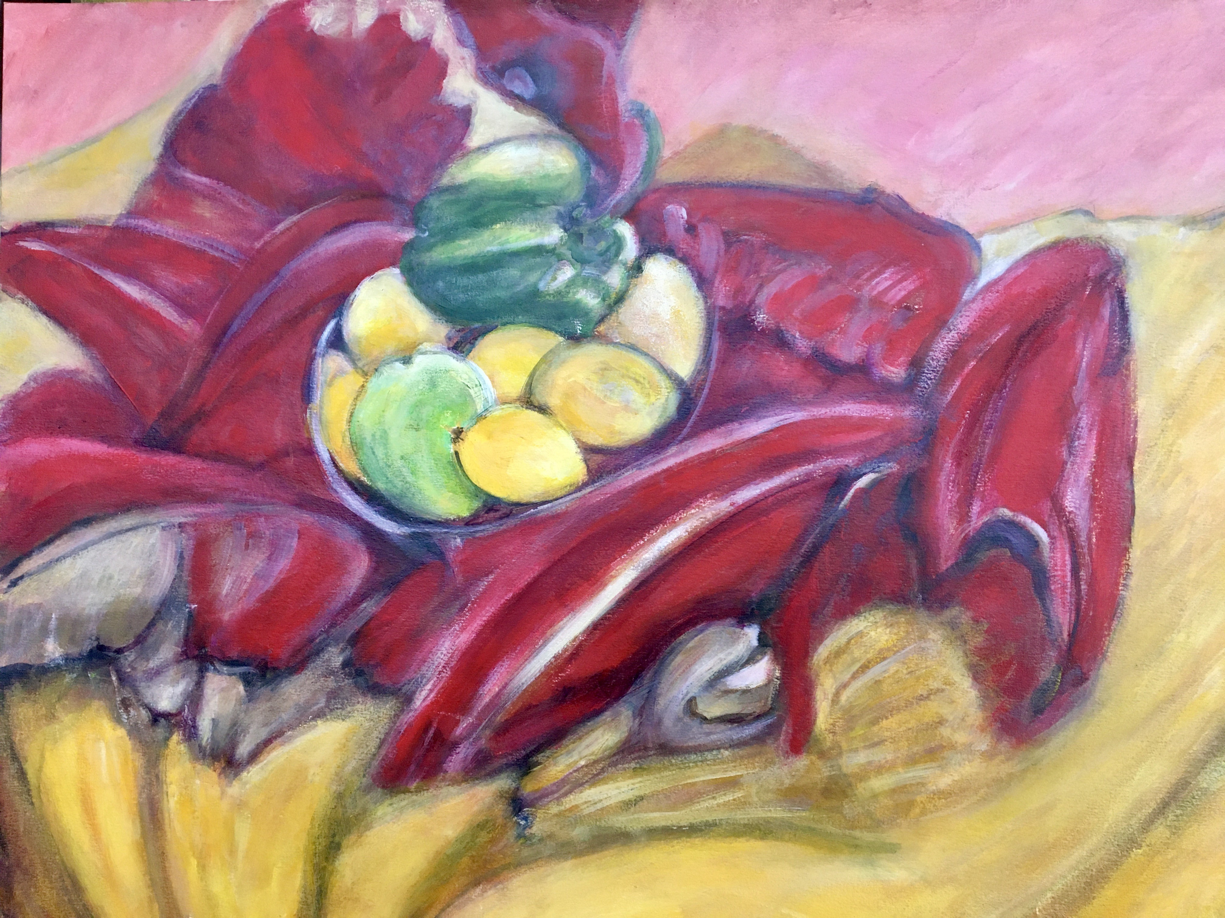 Catherine Clare, Nature morte aux poivrons rouges, verts et citrons jaunes Catherine Clare, Nature morte aux poivrons rouges, verts et citrons jaunes