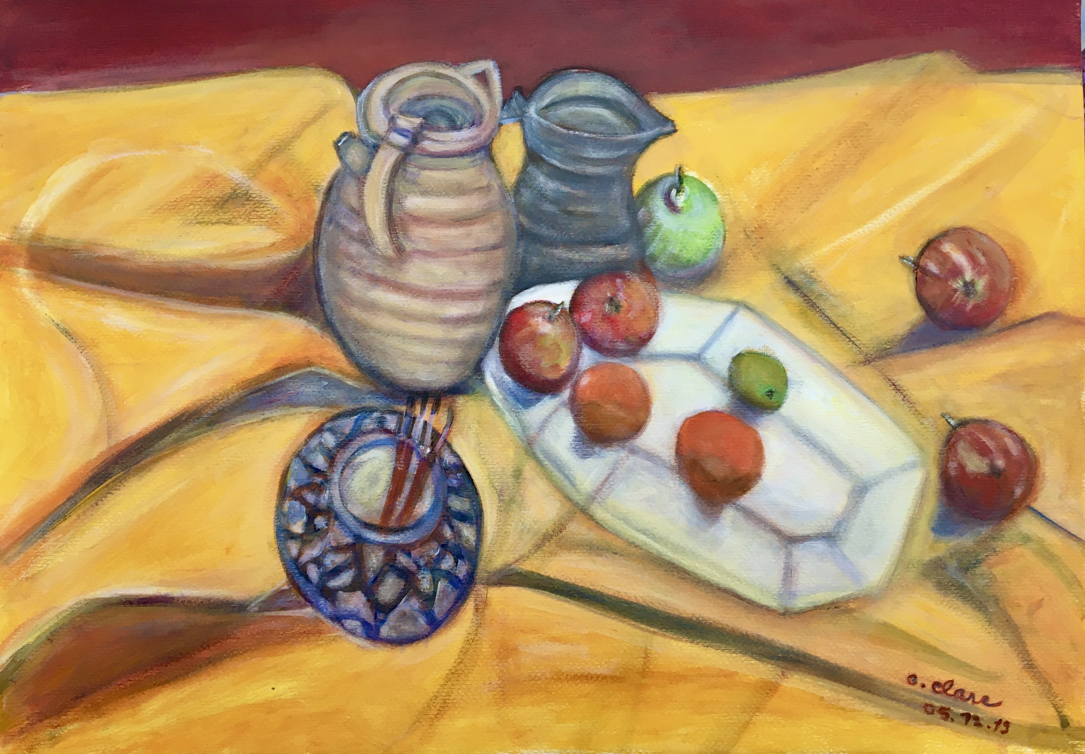 Catherine Clare, Nature morte aux fruits et pots Catherine Clare, Nature morte aux fruits et pots