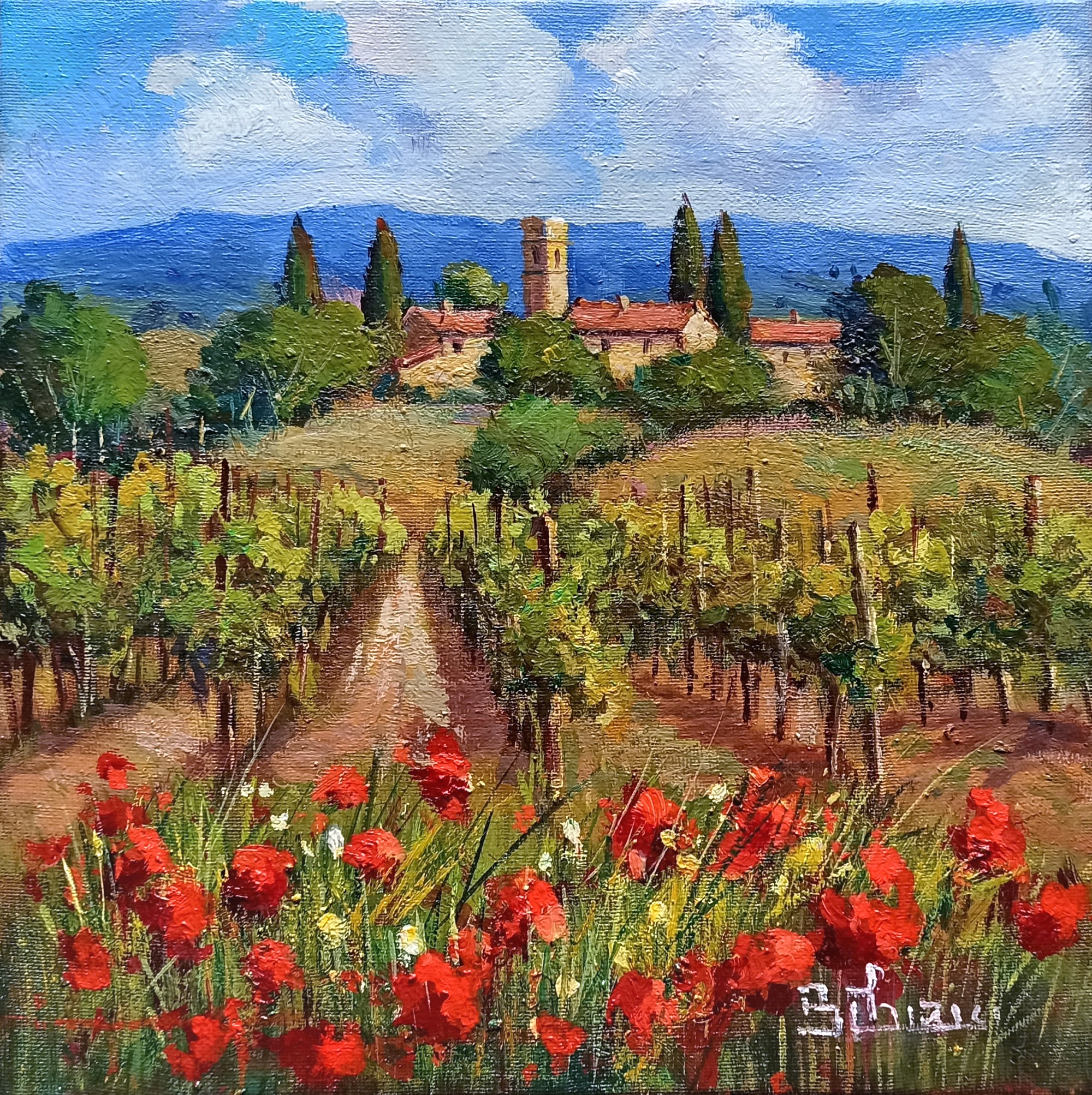 Bruno Chirici, Village and flowery vineyard - Tuscany landscape painting Bruno Chirici, Village and flowery vineyard - Tuscany landscape painting