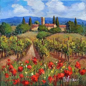 Peinture, Village and flowery vineyard - Tuscany landscape painting, Bruno Chirici