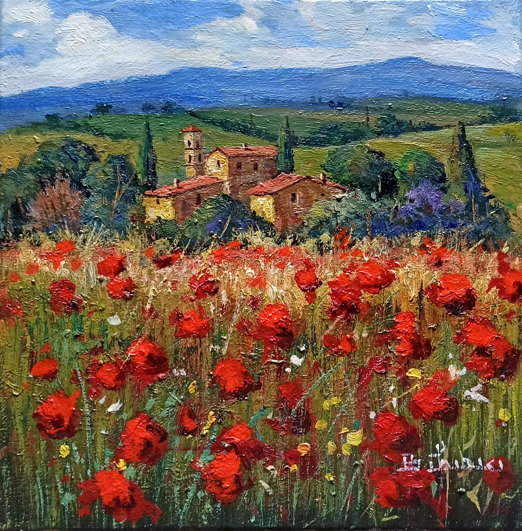 Bruno Chirici, Red poppies field - Tuscany landscape painting Bruno Chirici, Red poppies field - Tuscany landscape painting