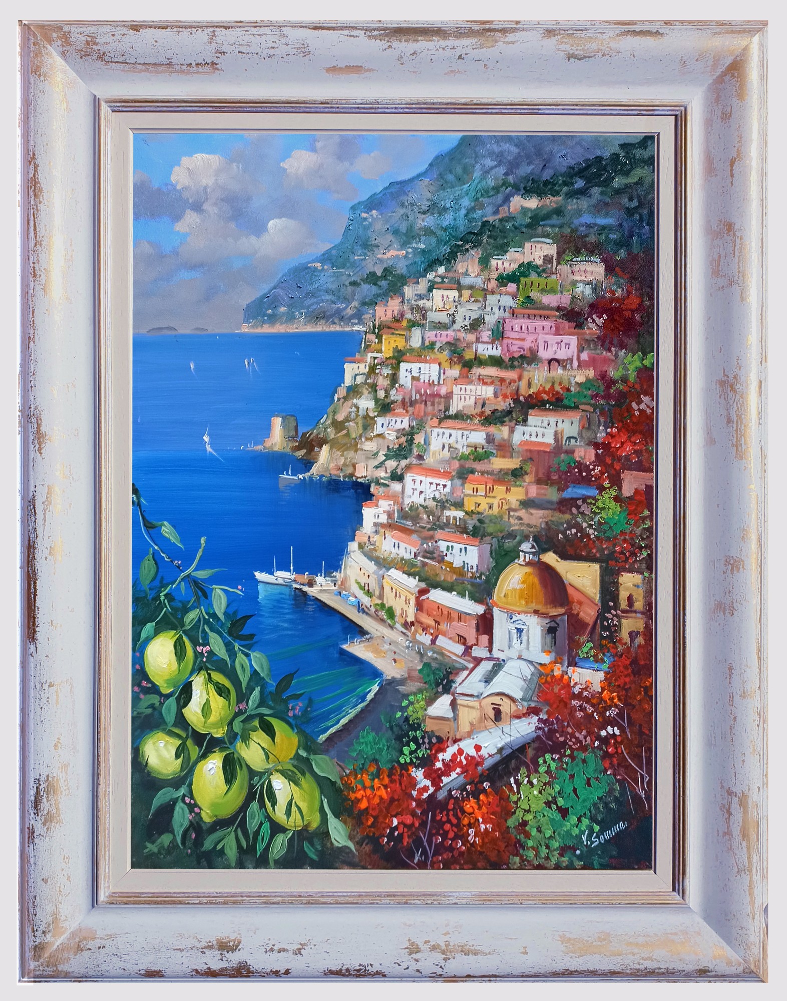 Vincenzo Somma, Lemons & flowers - Positano painting & frame Vincenzo Somma, Lemons & flowers - Positano painting & frame