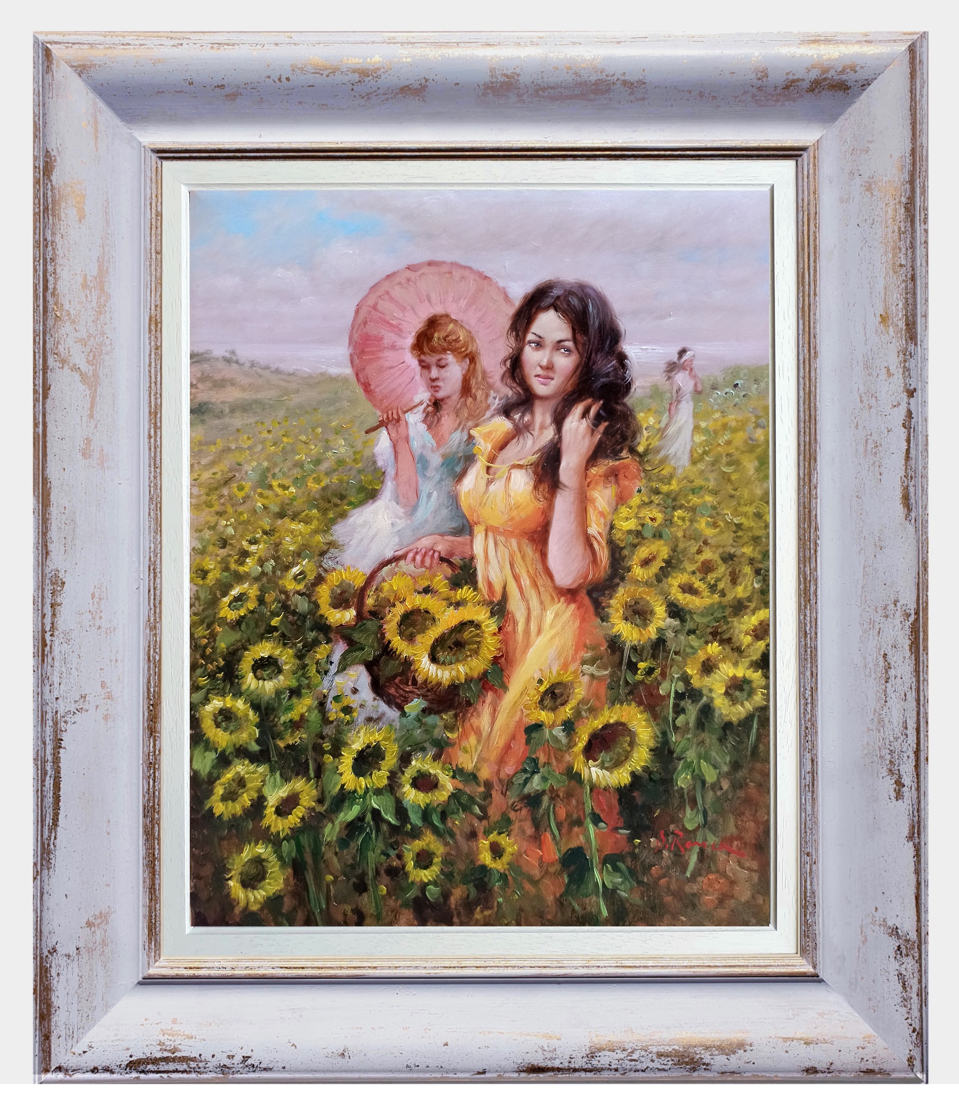 Domenico Ronca, Girls between sunflowers - Italian painting & frame Domenico Ronca, Girls between sunflowers - Italian painting & frame