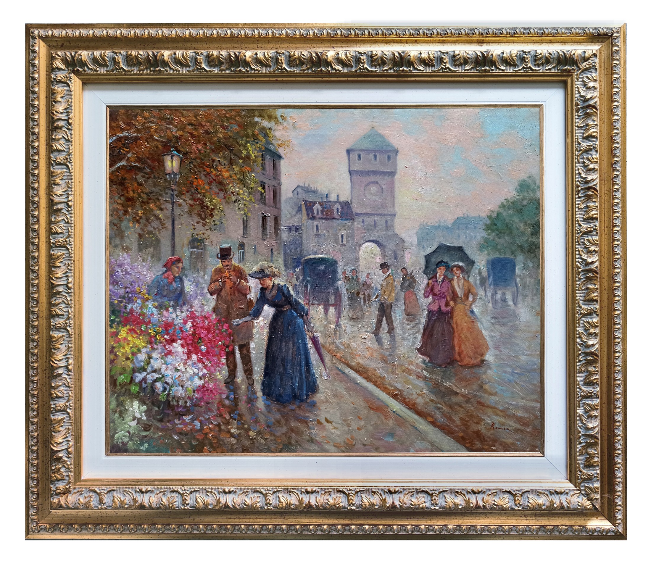 Domenico Ronca, Paris by the florist - France Belle Epoque painting & frame Domenico Ronca, Paris by the florist - France Belle Epoque painting & frame