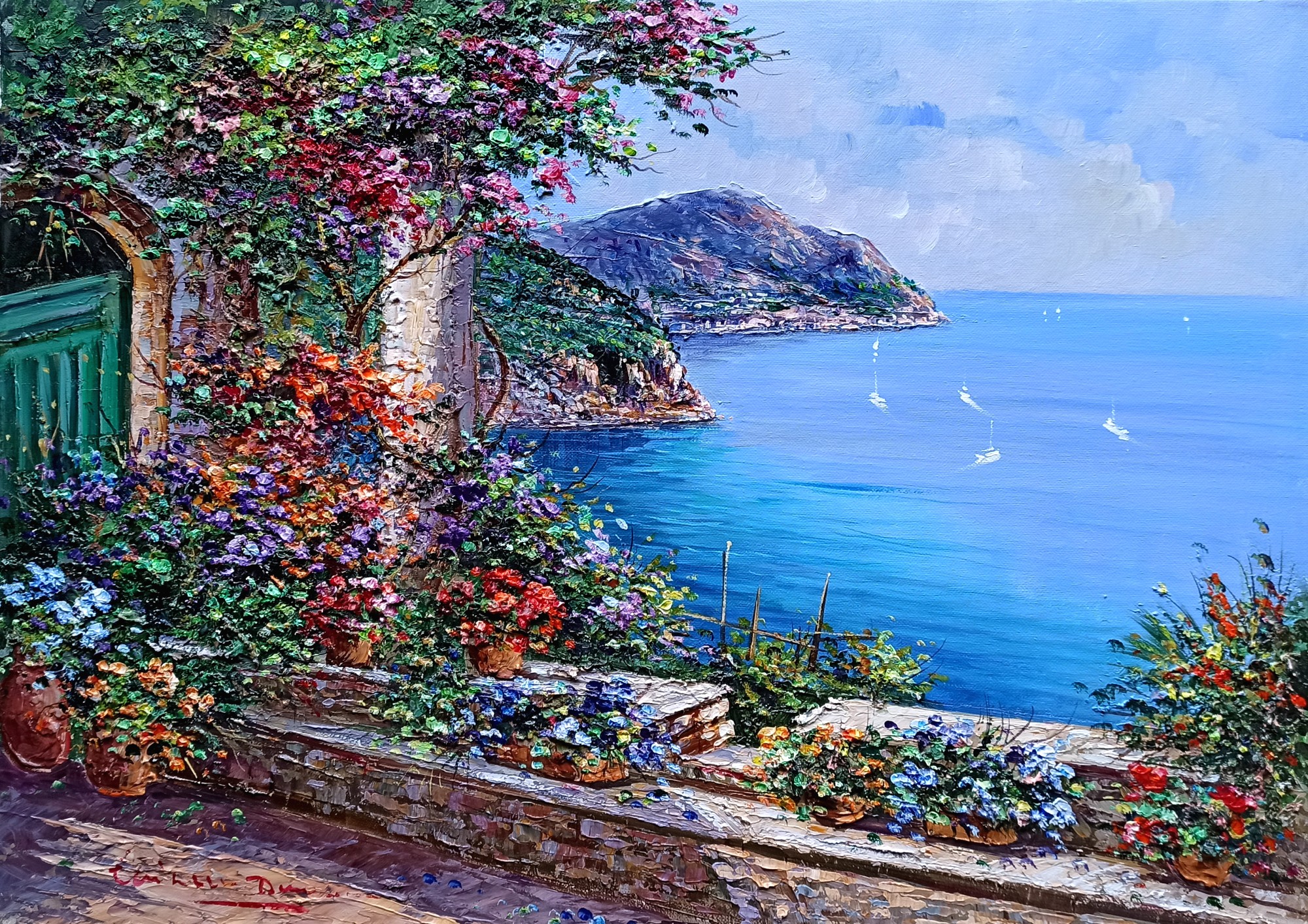 Domenico Caiazza, Flowering panorama - Amalfitan coast painting Domenico Caiazza, Flowering panorama - Amalfitan coast painting