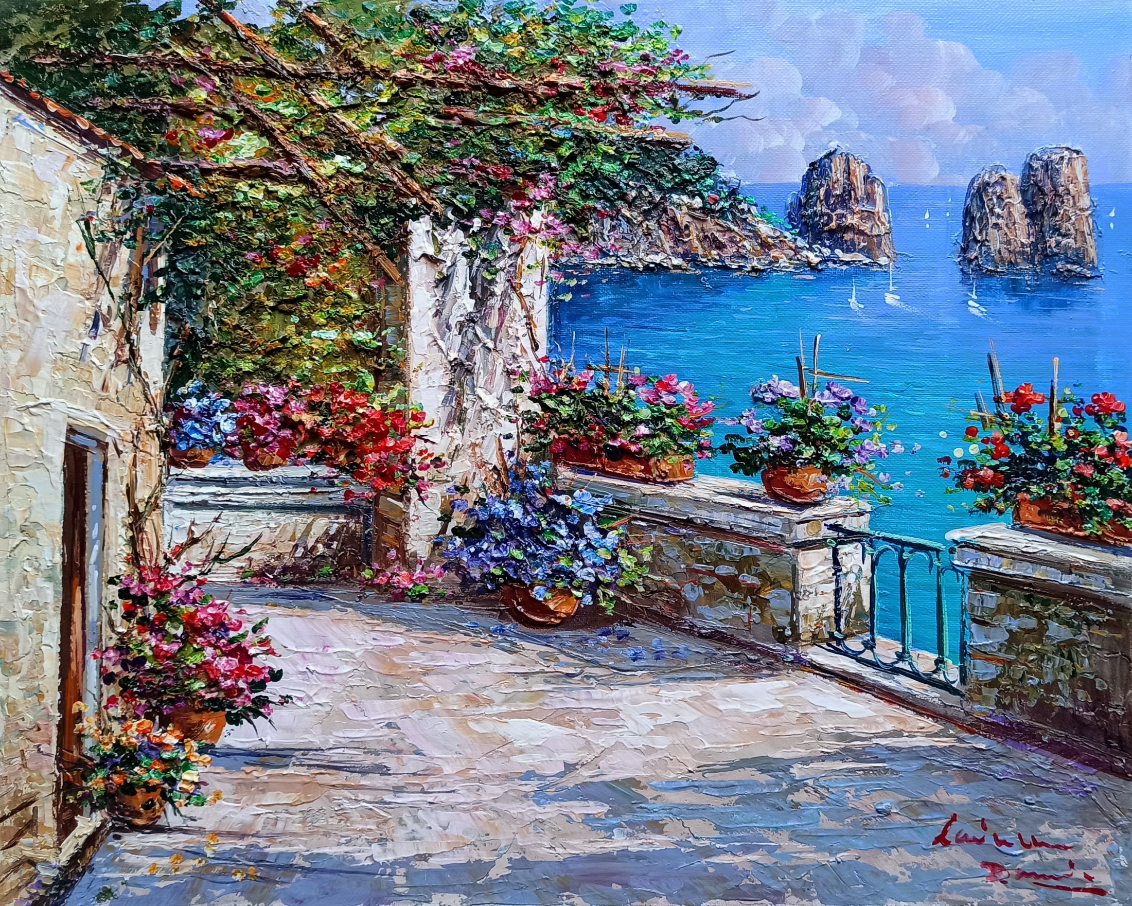 Domenico Caiazza, Terrace with flowers - Capri seaside painting Domenico Caiazza, Terrace with flowers - Capri seaside painting