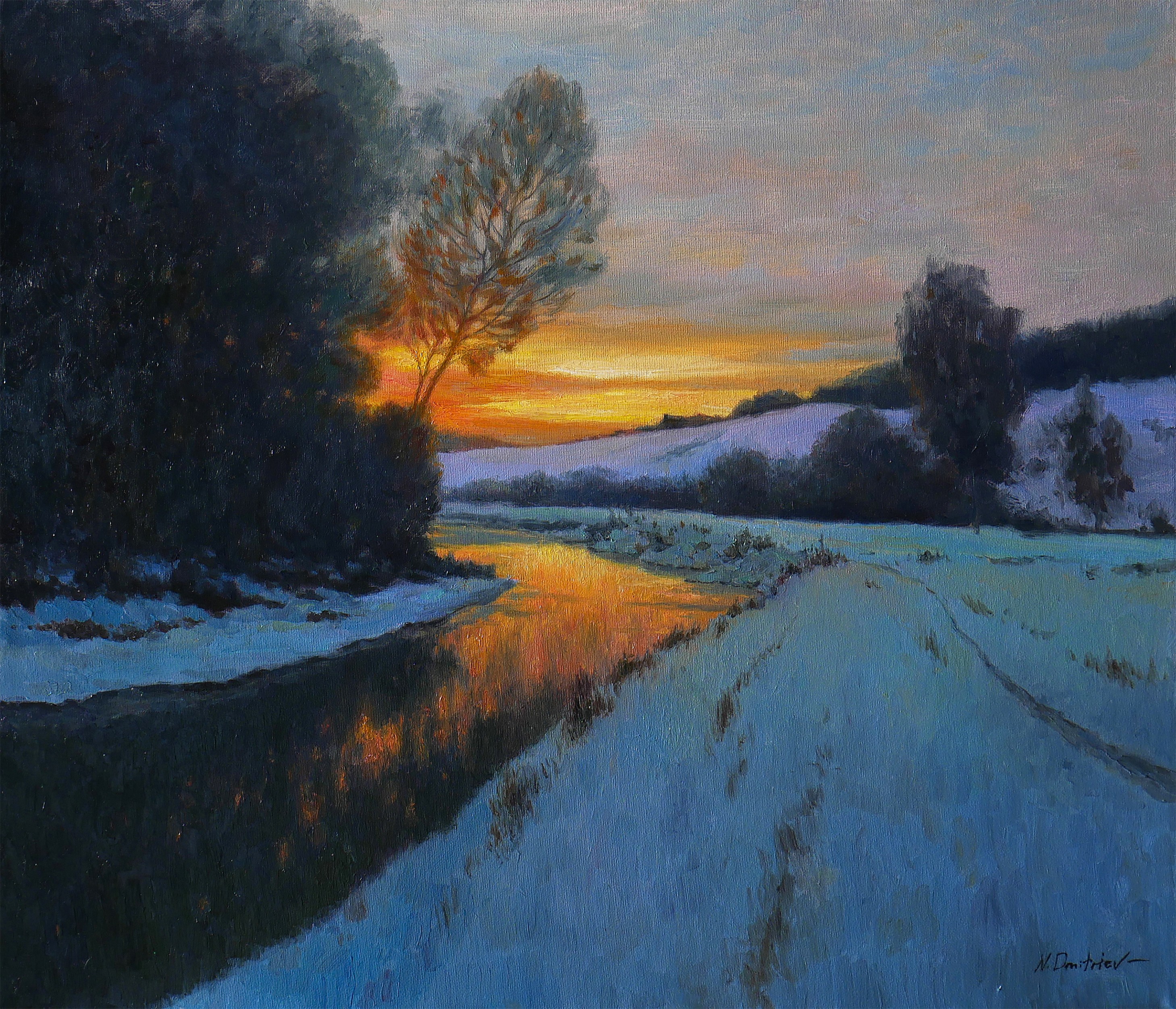 Nikolay Dmitriev, Fleeting - winter evening landscape painting Nikolay Dmitriev, Fleeting - winter evening landscape painting