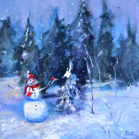 Gemälde, Snowman and Christmas trees, Elena Lukina