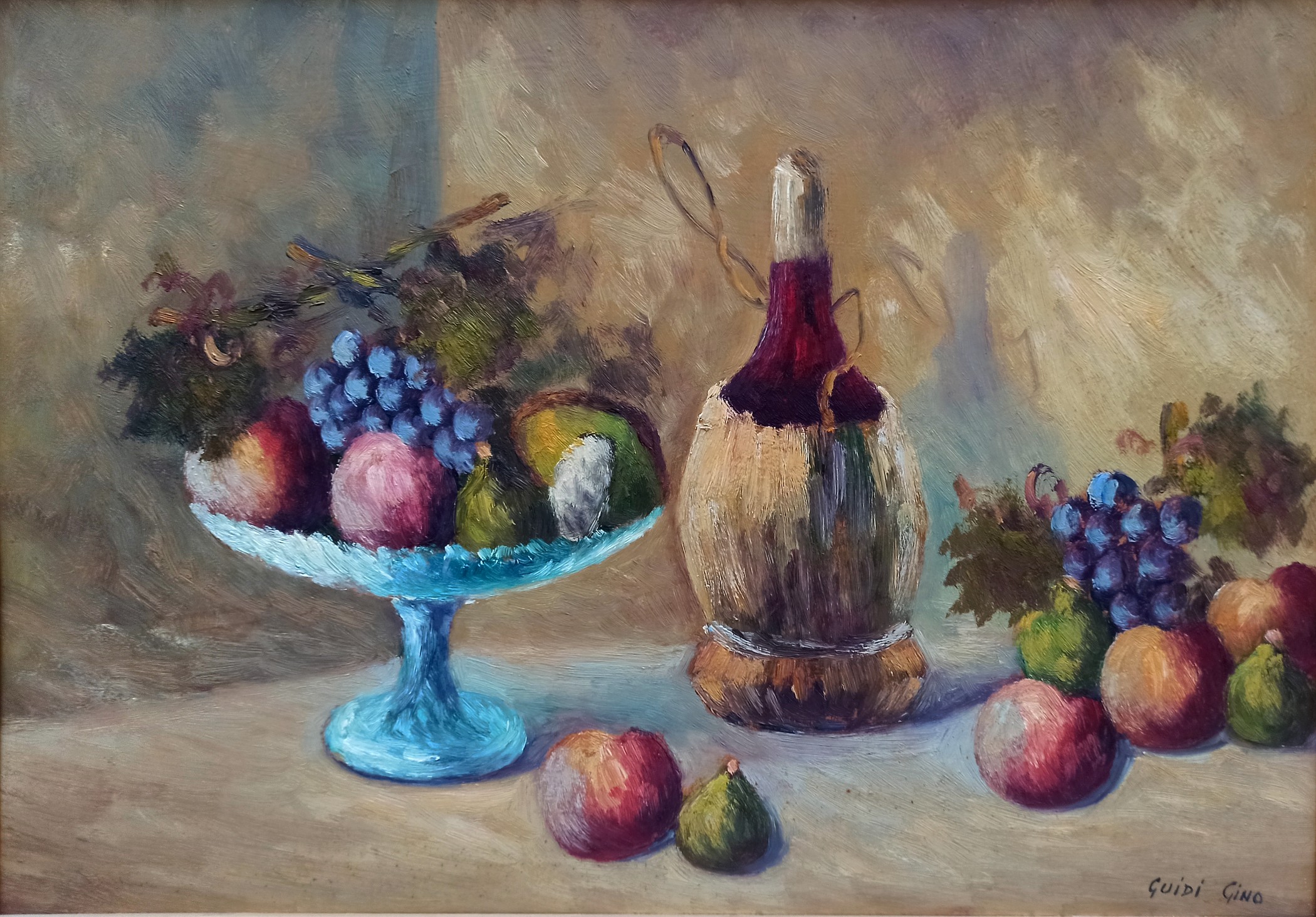 Gino Guidi, Still life with fruits and wine - Italian old painting Gino Guidi, Still life with fruits and wine - Italian old painting