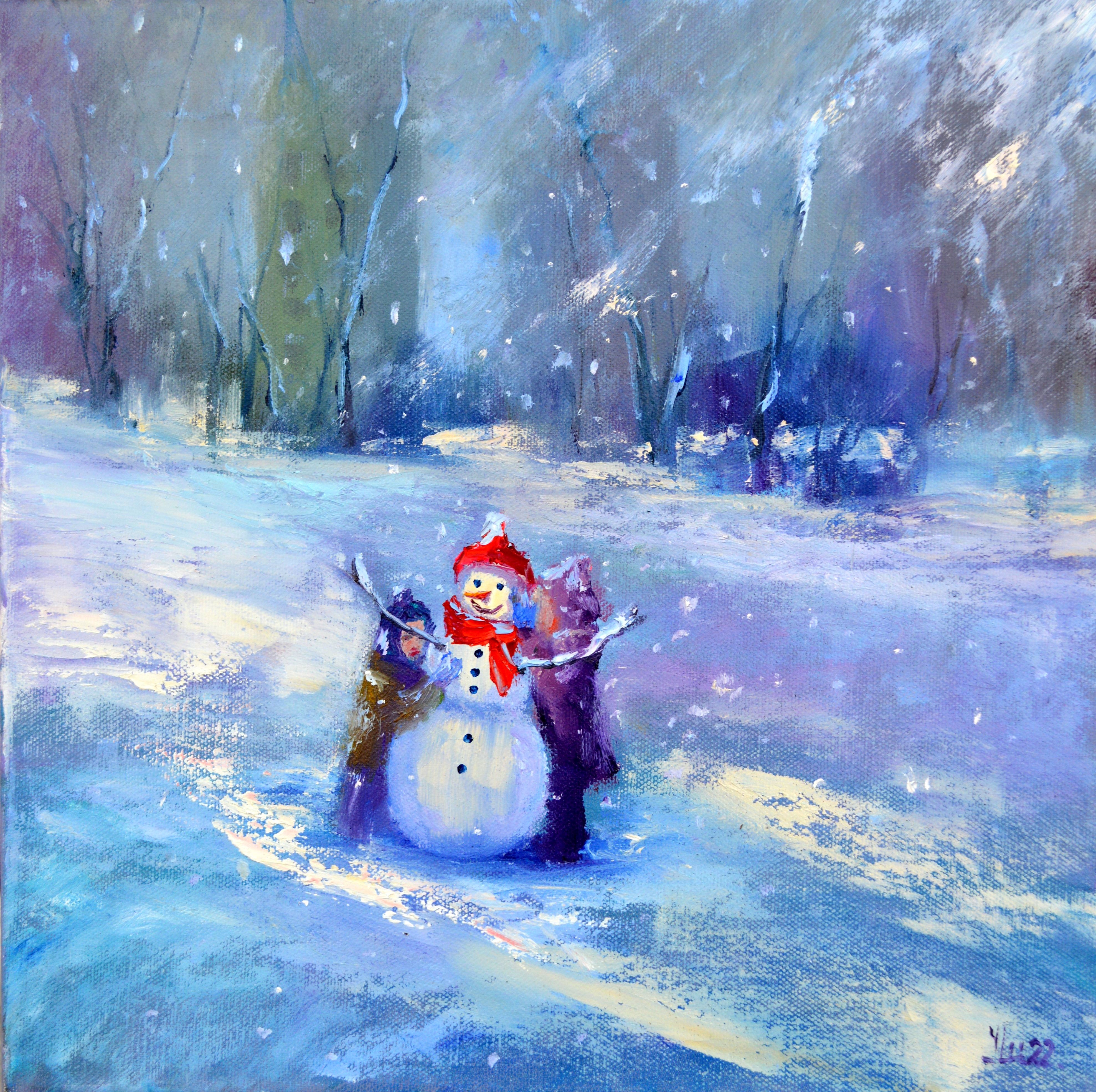Elena Lukina, Snowy winter. Children make a snowman Elena Lukina, Snowy winter. Children make a snowman