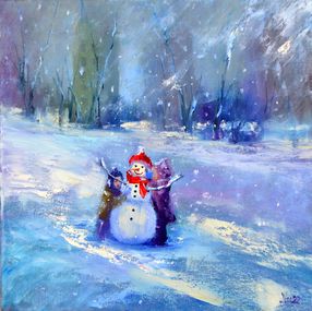 Peinture, Snowy winter. Children make a snowman, Elena Lukina