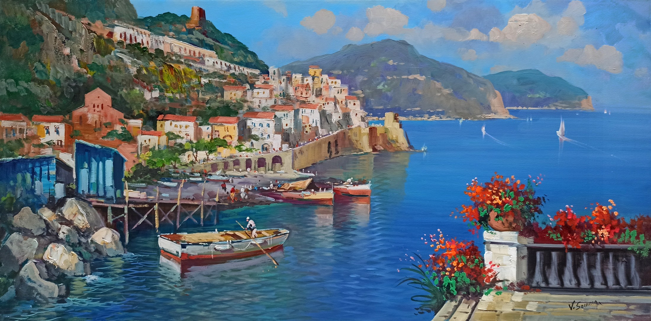 Vincenzo Somma, Seaside with boats - panoramic version Amalfi Vincenzo Somma, Seaside with boats - panoramic version Amalfi