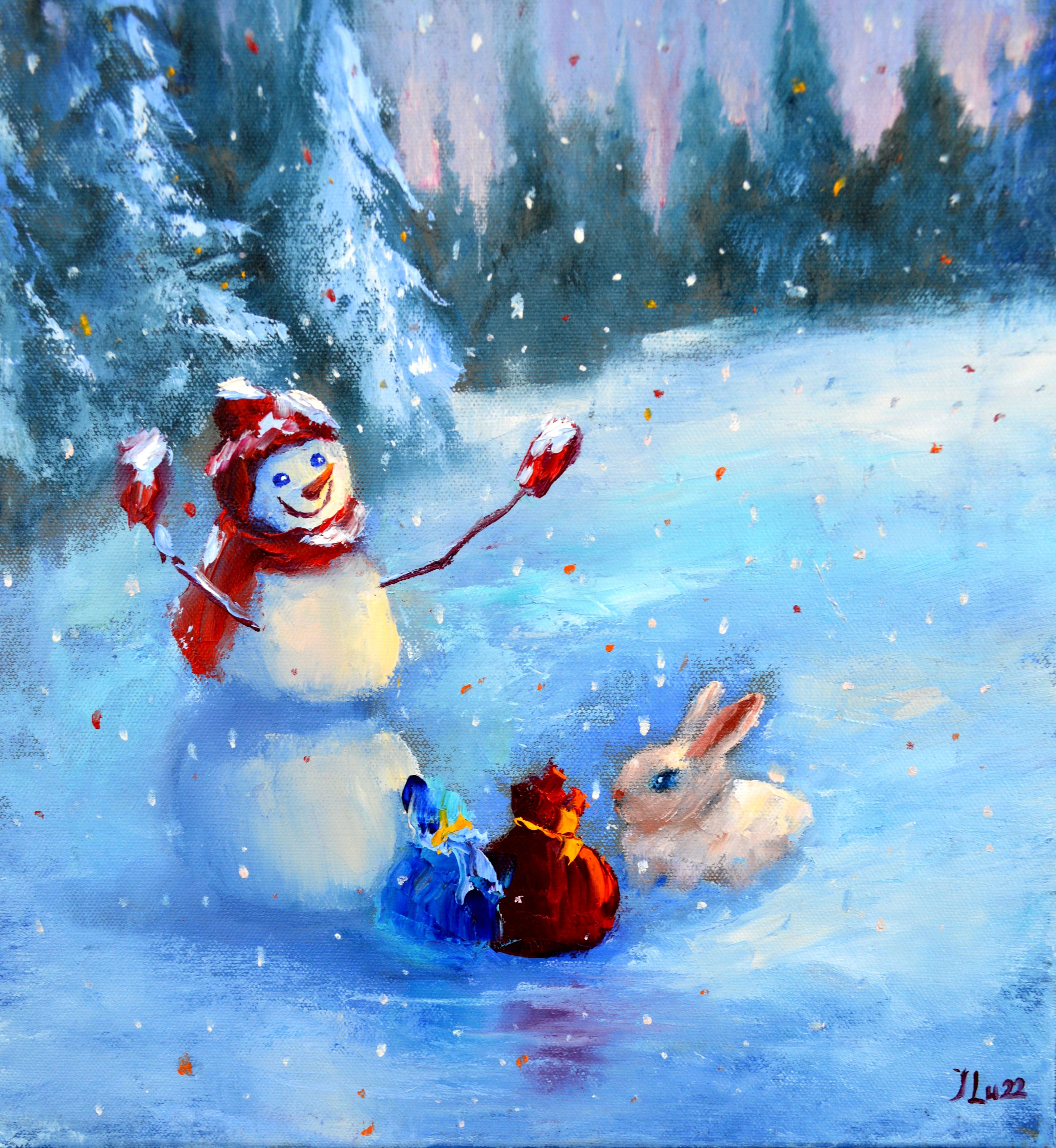 Elena Lukina, The snowman and the rabbit are handing out gifts to everyone Elena Lukina, The snowman and the rabbit are handing out gifts to everyone