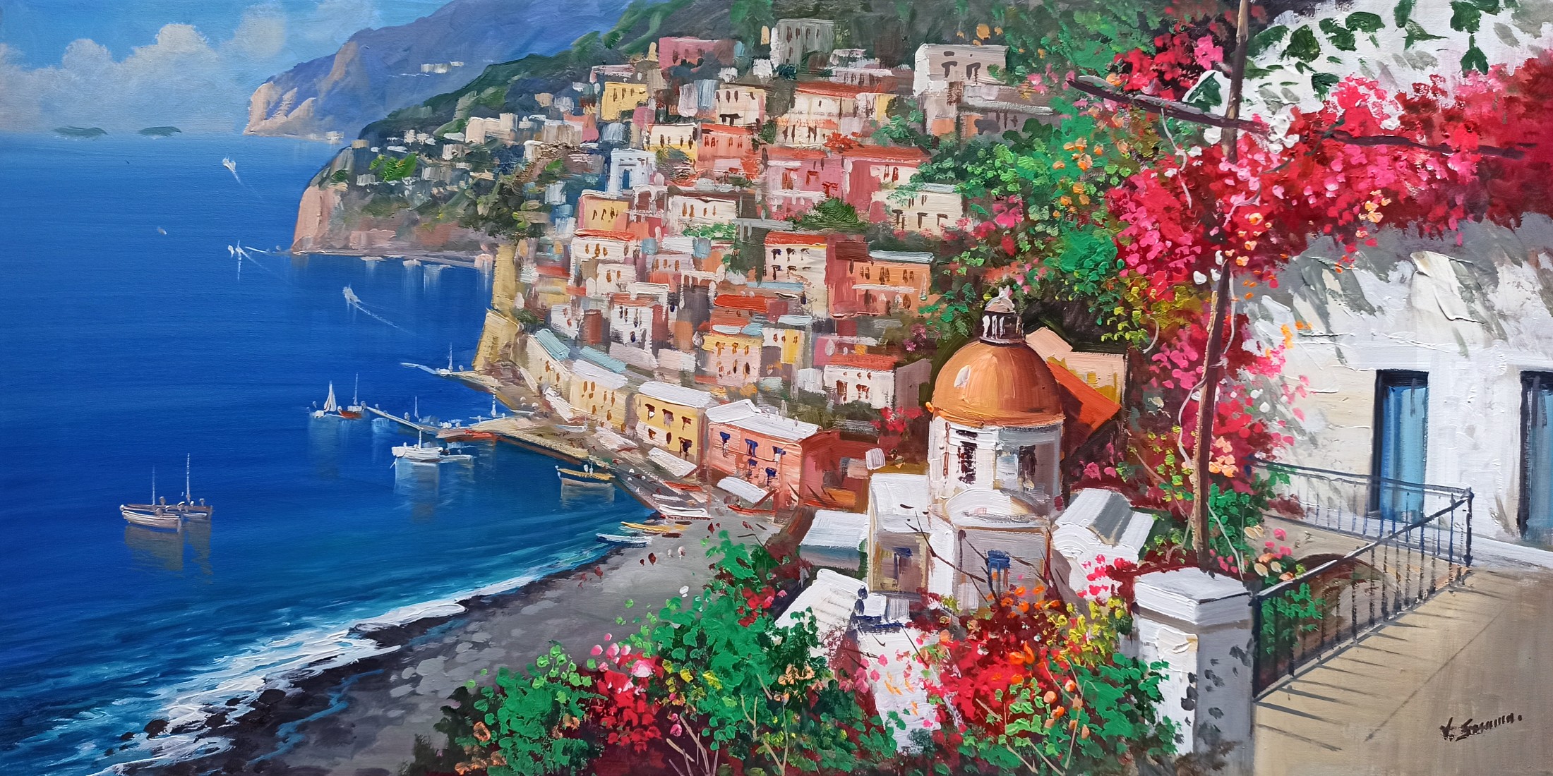 Vincenzo Somma, View of the sea town - panoramic version Positano painting Vincenzo Somma, View of the sea town - panoramic version Positano painting