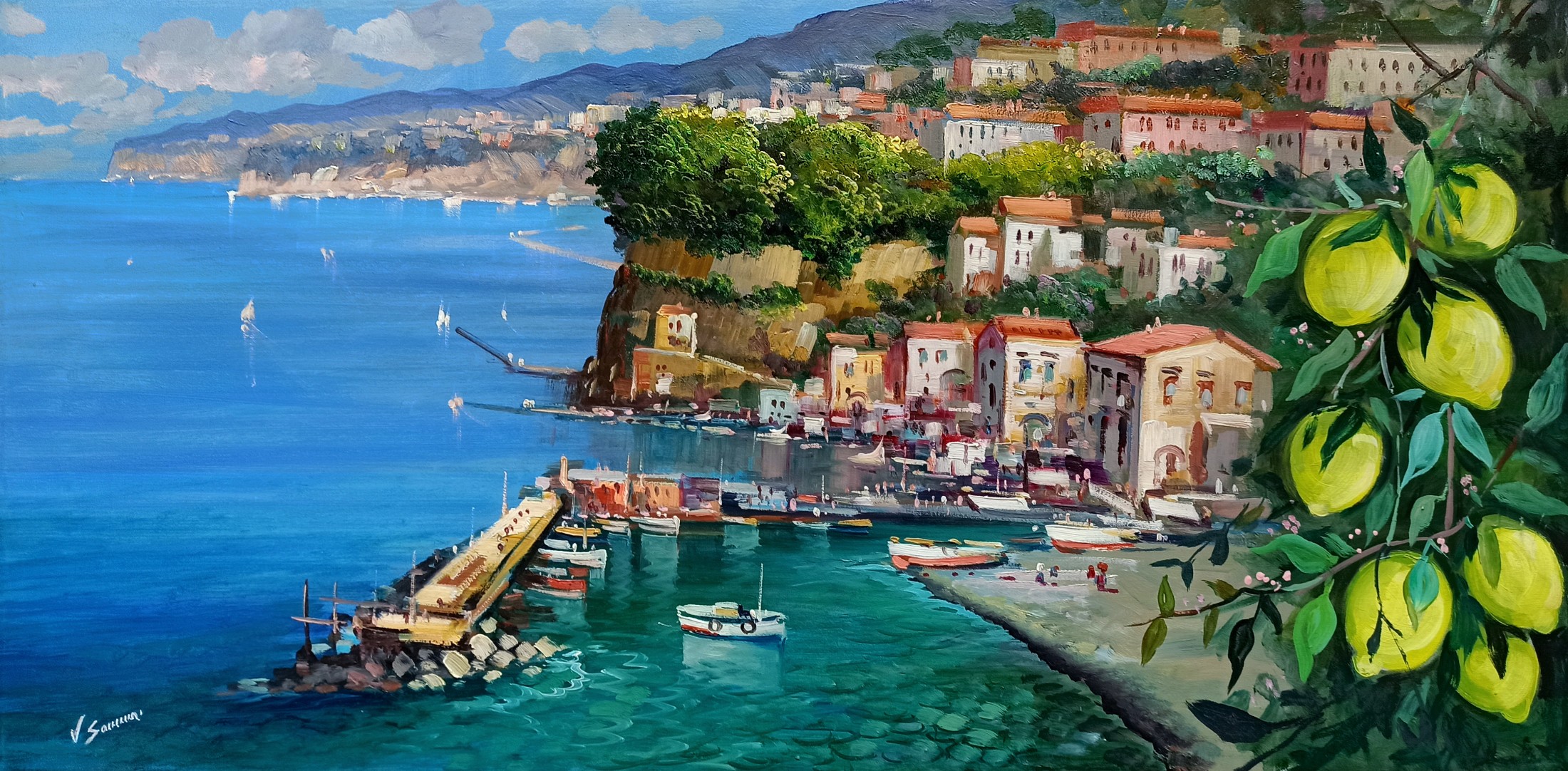 Vincenzo Somma, Blue sea and lemons - panoramic version Sorrento painting Vincenzo Somma, Blue sea and lemons - panoramic version Sorrento painting
