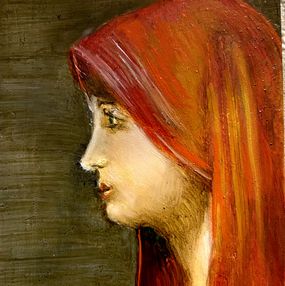 Painting, Un regard énigmatique sous un voile écarlate, Lisbeth Buonanno