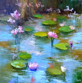 Peinture, Pond with pink lilies, Elena Lukina