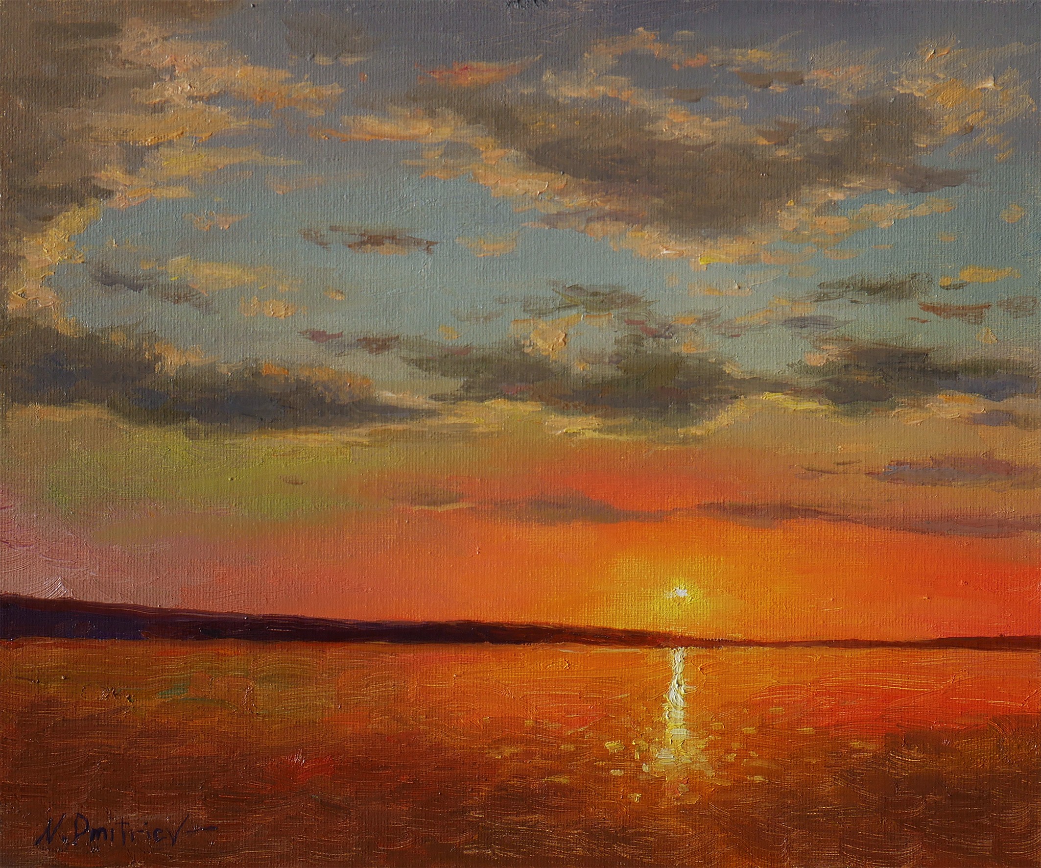 Nikolay Dmitriev, Sunset Over The Lake - original sunny landscape, painting Nikolay Dmitriev, Sunset Over The Lake - original sunny landscape, painting