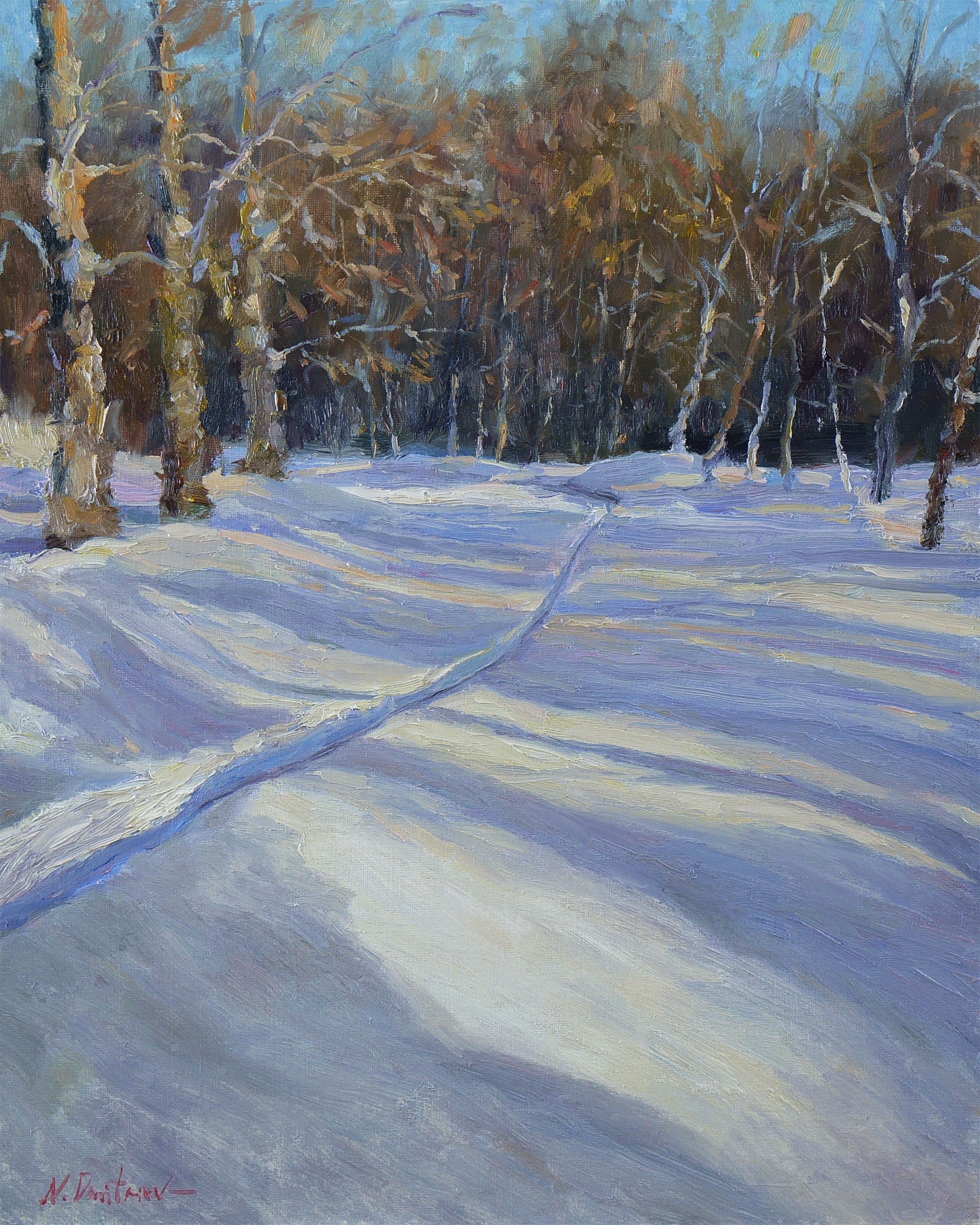 Nikolay Dmitriev, The Snowy Sunny Path - winter landscape painting Nikolay Dmitriev, The Snowy Sunny Path - winter landscape painting