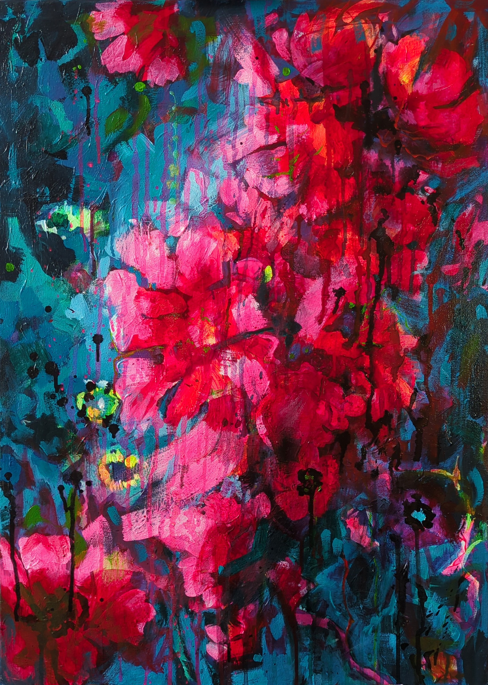 Olha Vlasova, The shawl, floral neon painting Olha Vlasova, The shawl, floral neon painting
