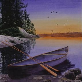 Gemälde, Canoe on the shore of the lake, Eugene Gorbachenko