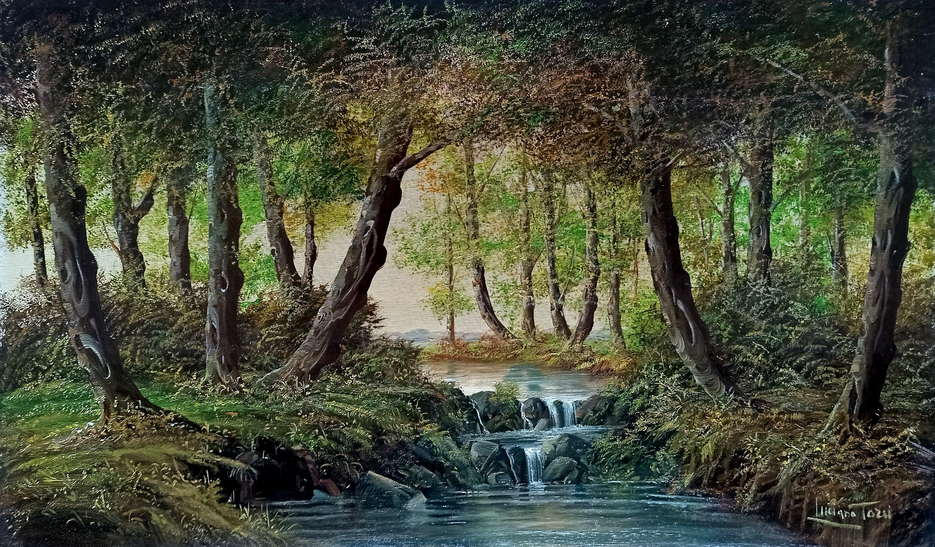 Luciano Torsi, Glade with waterfall in backlight - Italian impressionist old painting Luciano Torsi, Glade with waterfall in backlight - Italian impressionist old painting