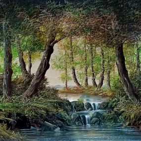 Gemälde, Glade with waterfall in backlight - Italian impressionist old painting, Luciano Torsi