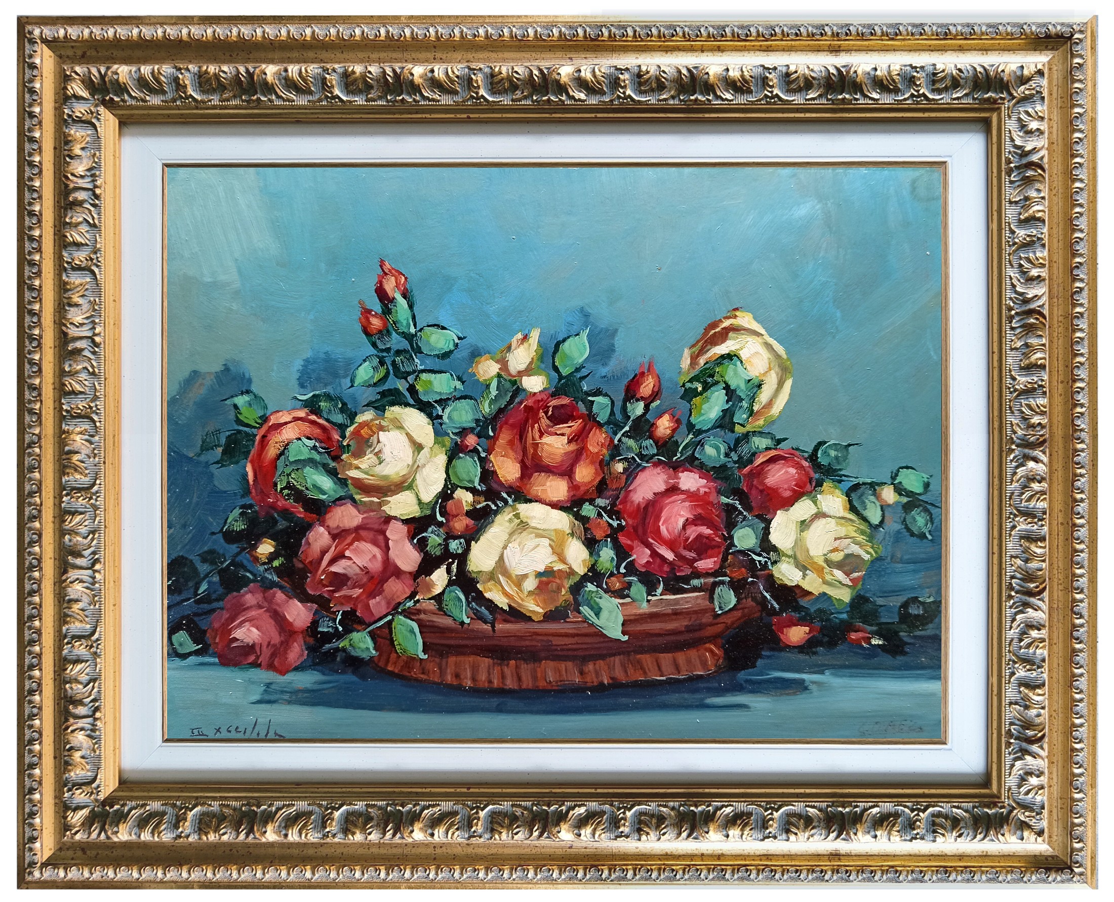 Aldo Luxardo, Basket with roses - Italian old painting + frame Aldo Luxardo, Basket with roses - Italian old painting + frame