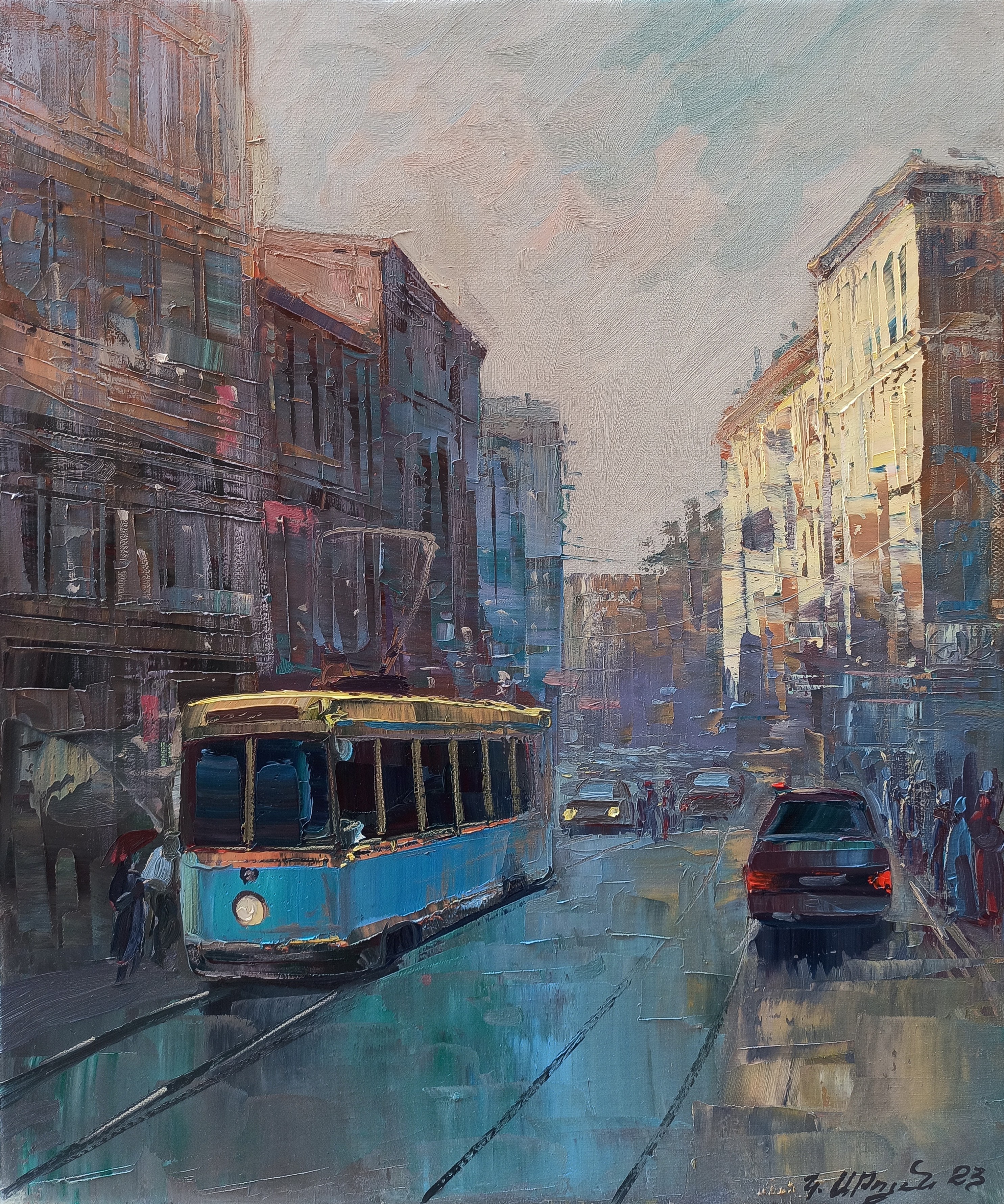 Kamo Atoyan, Cityscape with blue tram Kamo Atoyan, Cityscape with blue tram