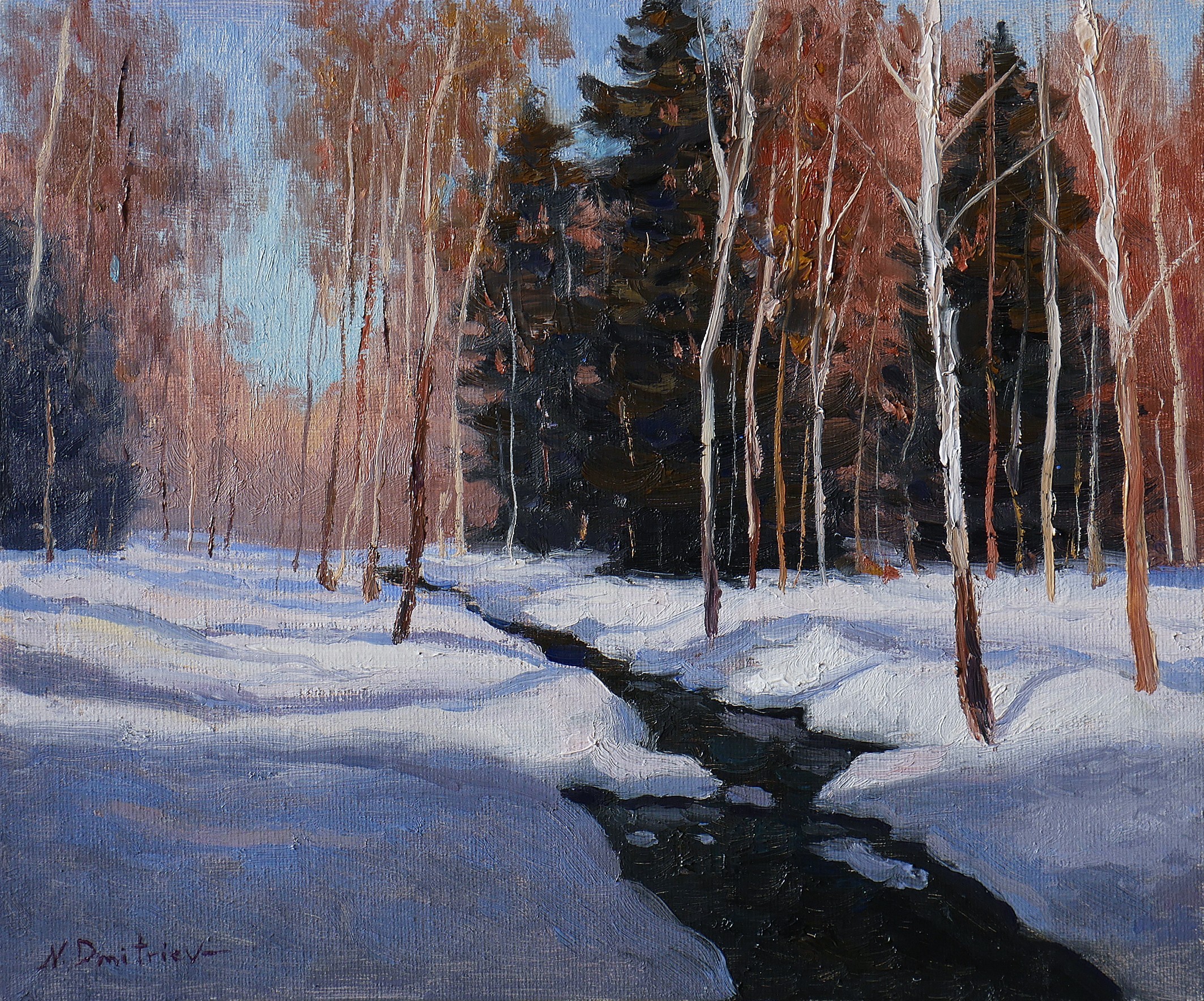 Nikolay Dmitriev, The Forest Brook - original sunny landscape, winter painting Nikolay Dmitriev, The Forest Brook - original sunny landscape, winter painting