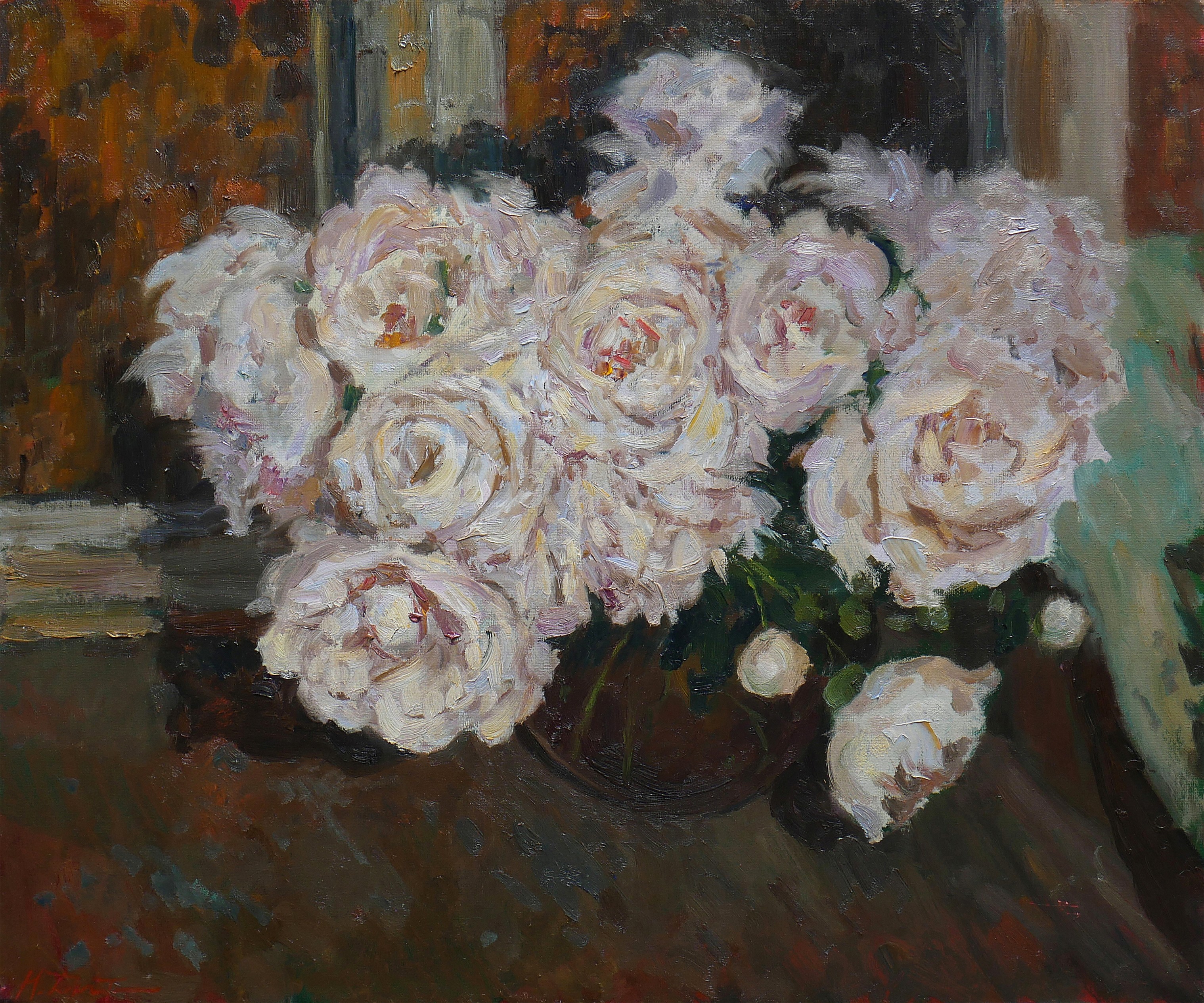 Nikolay Dmitriev, The Peonies Near The Night Window - peonies still life painting Nikolay Dmitriev, The Peonies Near The Night Window - peonies still life painting