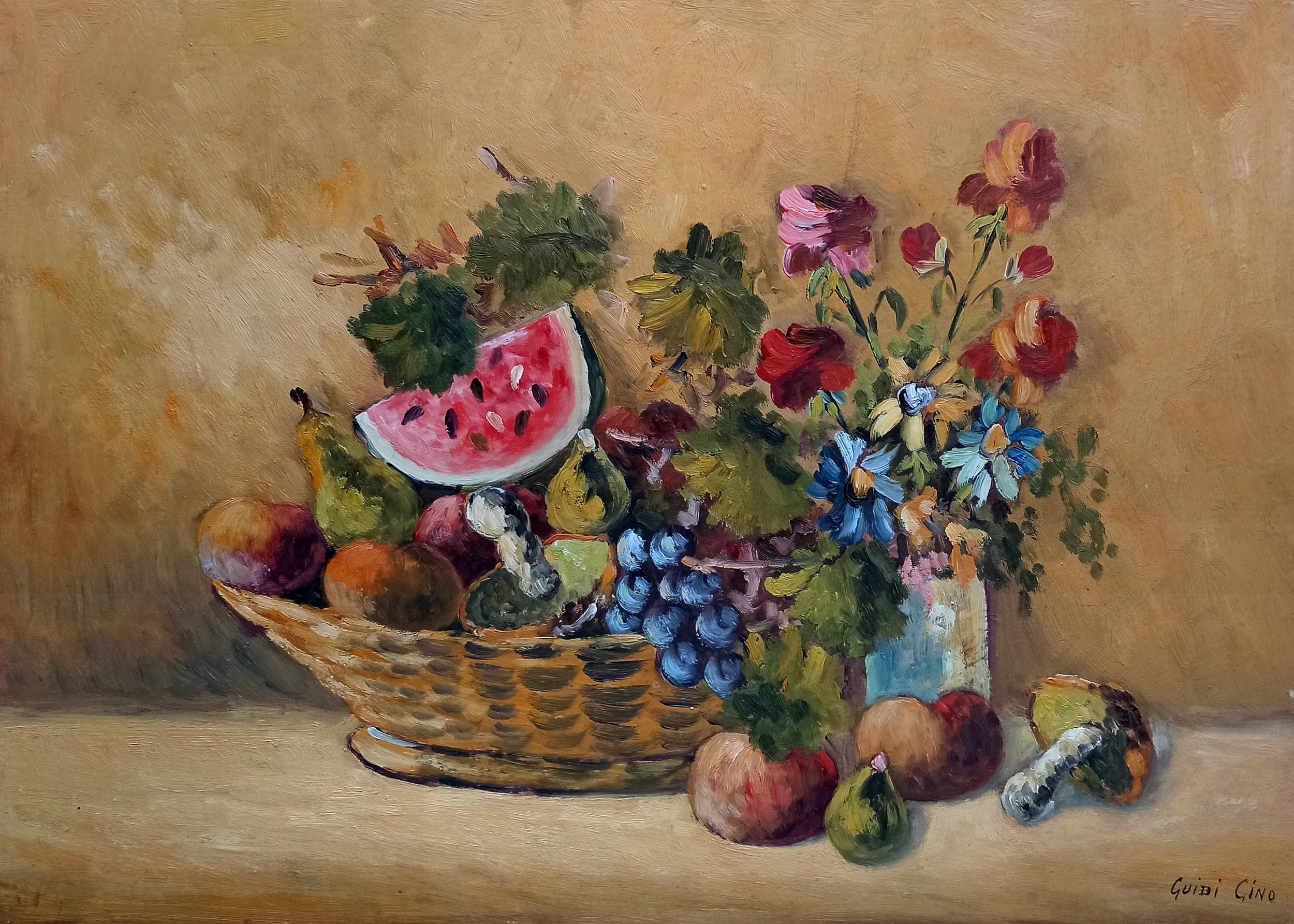 Gino Guidi, Still life with fruits and flowers - Italian old painting Gino Guidi, Still life with fruits and flowers - Italian old painting
