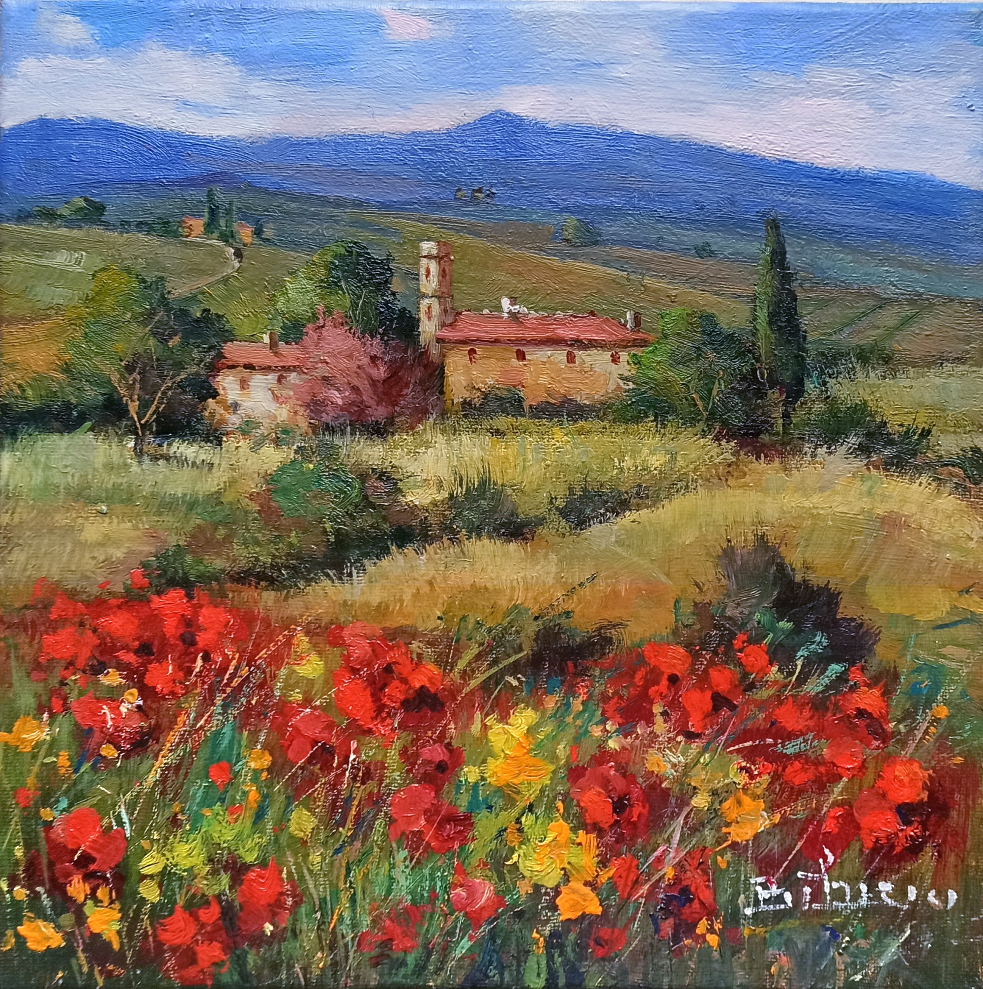 Bruno Chirici, Countryside in bloom - Tuscany landscape painting Bruno Chirici, Countryside in bloom - Tuscany landscape painting