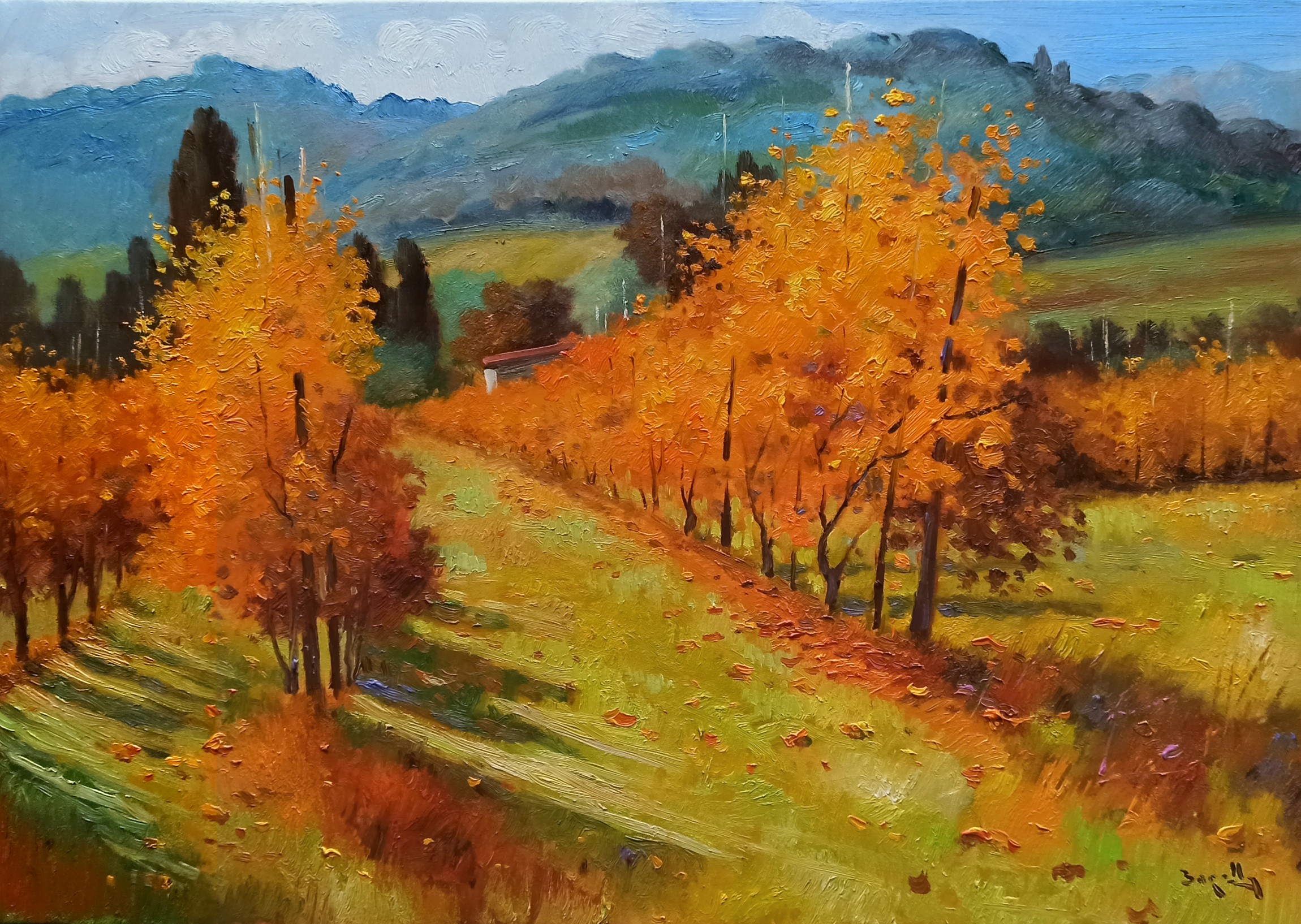 Andrea Borella, Autumn vineyard - Tuscany landscape painting Andrea Borella, Autumn vineyard - Tuscany landscape painting