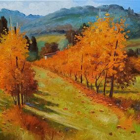 Peinture, Autumn vineyard - Tuscany landscape painting, Andrea Borella