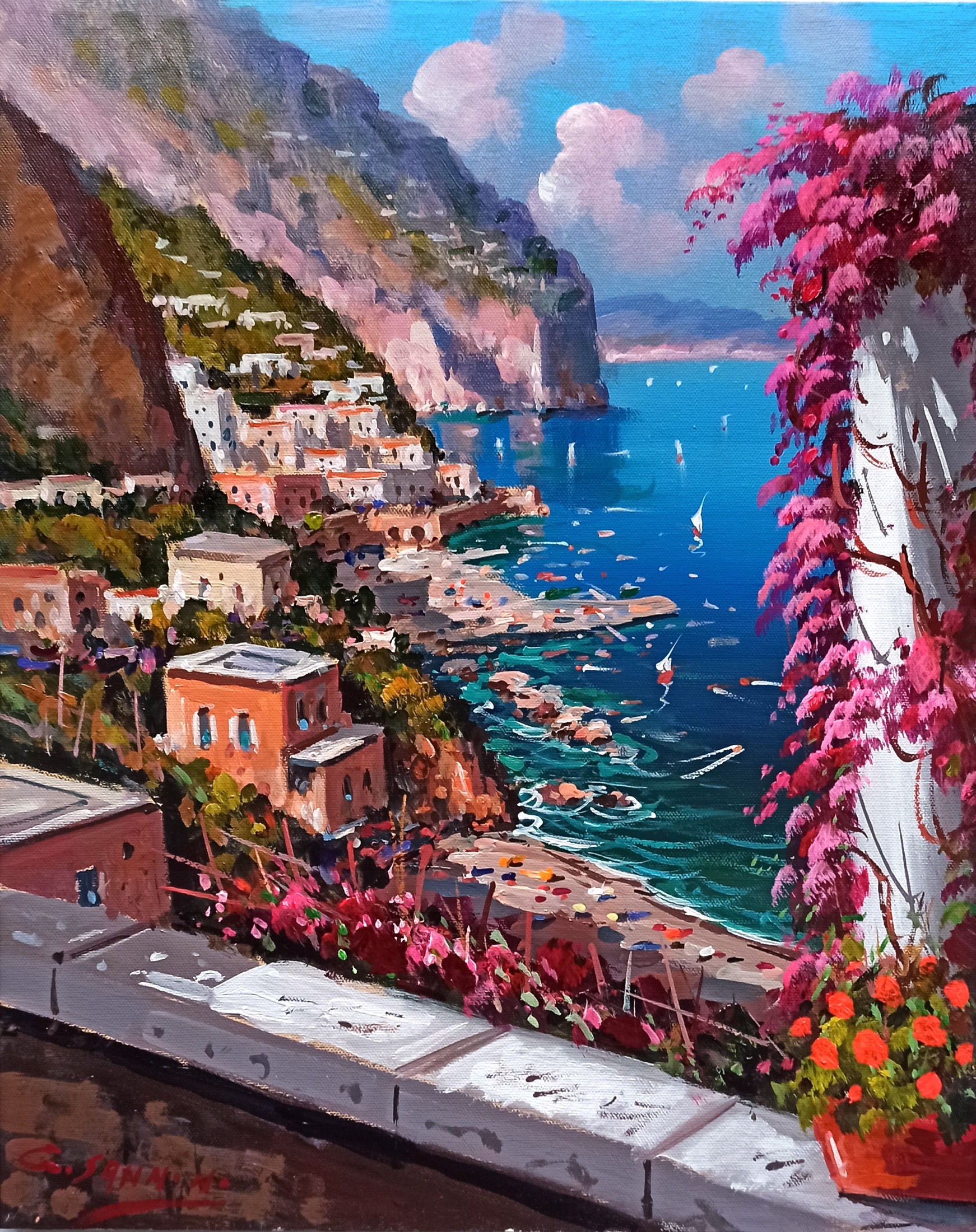 Gio Sannino, Cliff seaside vertical version - Amalfi painting Gio Sannino, Cliff seaside vertical version - Amalfi painting