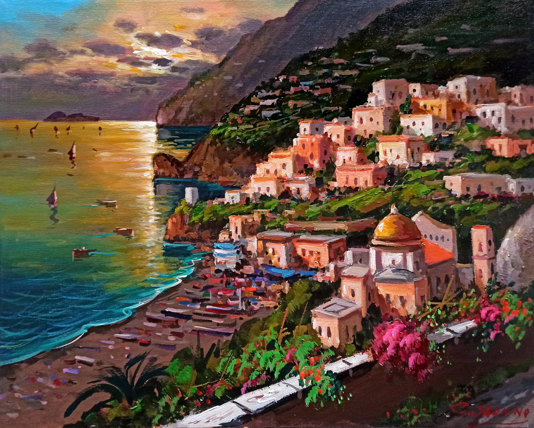 Gio Sannino, Sunset on the coast - Positano painting Gio Sannino, Sunset on the coast - Positano painting