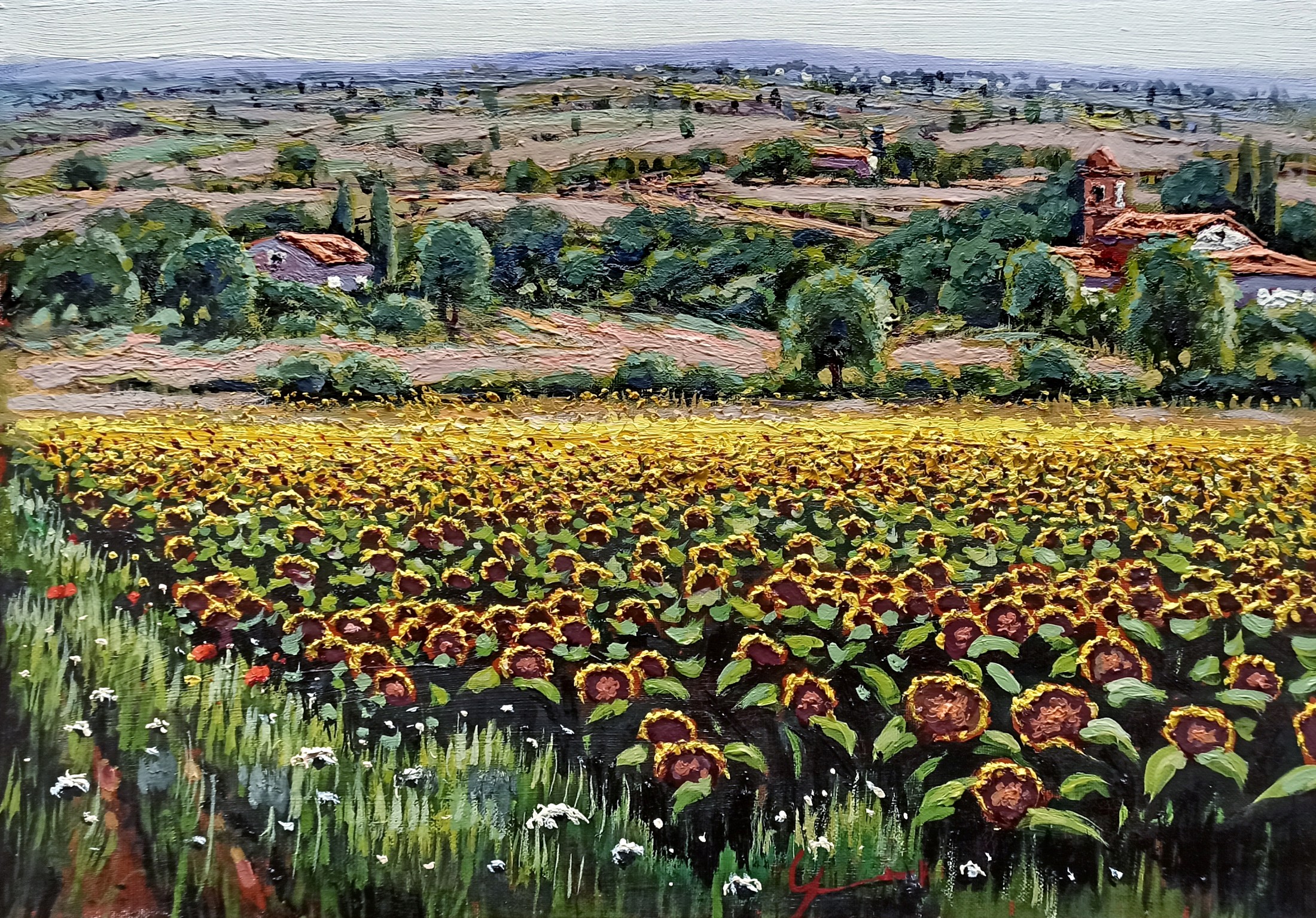 Roberto Gai, Sweet hills and sunflowers - Tuscany painting landscape Roberto Gai, Sweet hills and sunflowers - Tuscany painting landscape
