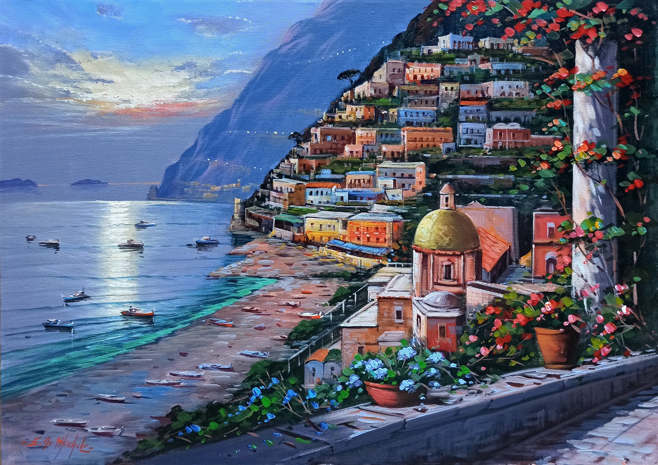 Ernesto De Michele, Moonlight on the sea - Positano Italy painting Ernesto De Michele, Moonlight on the sea - Positano Italy painting