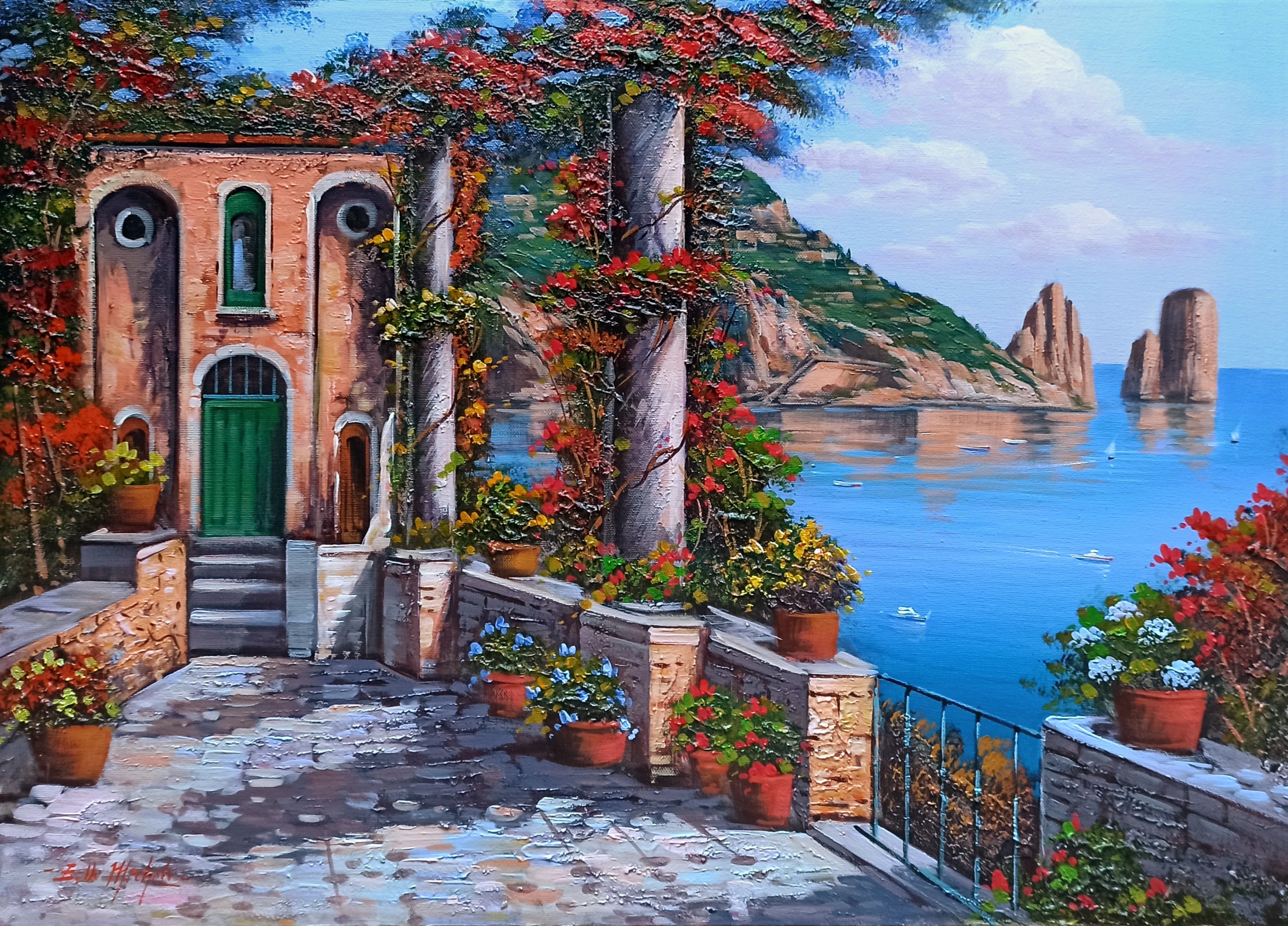 Ernesto De Michele, Flowered house on the sea - Capri Italy painting Ernesto De Michele, Flowered house on the sea - Capri Italy painting