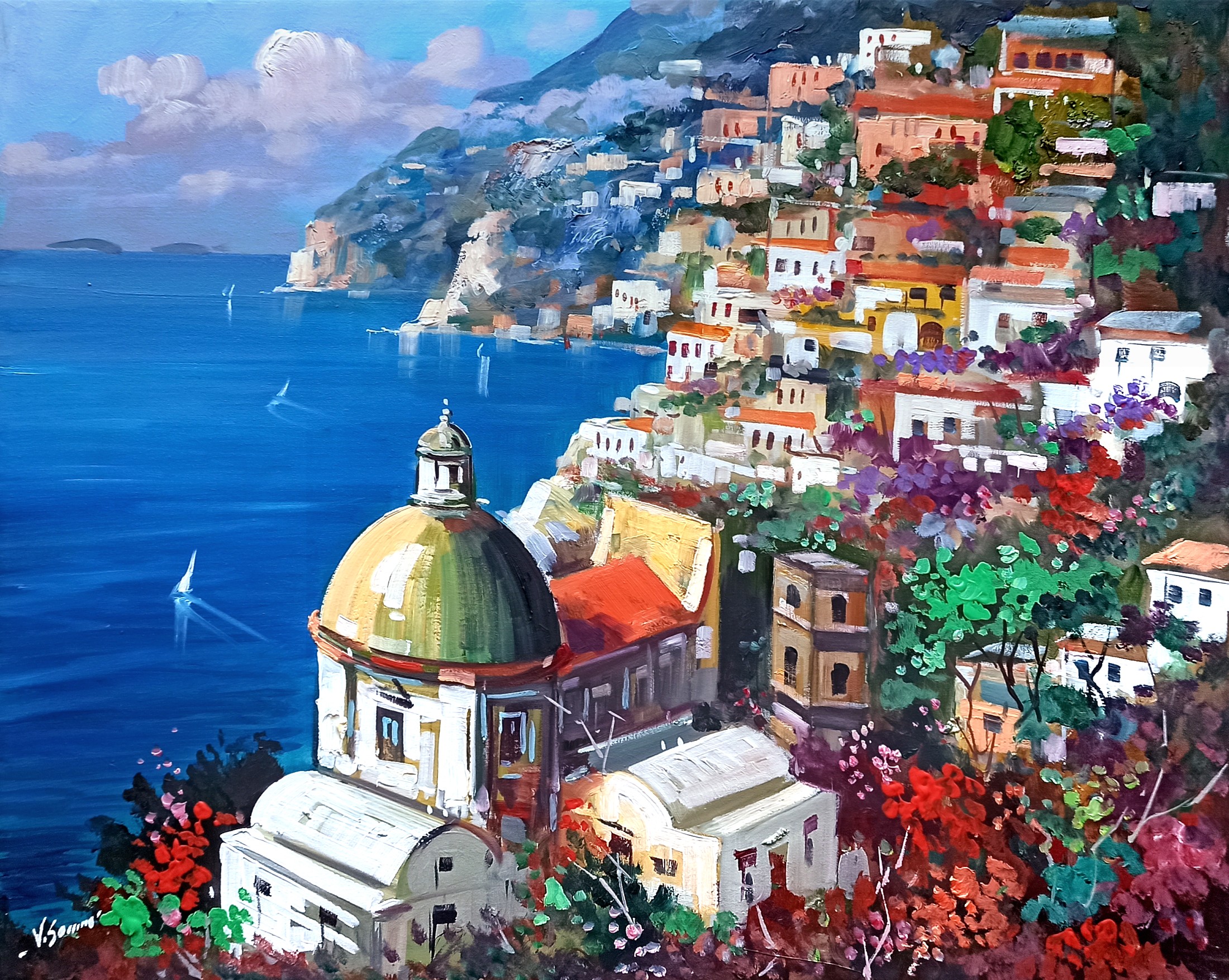 Vincenzo Somma, Pointview of the town - Positano Italy painting Vincenzo Somma, Pointview of the town - Positano Italy painting