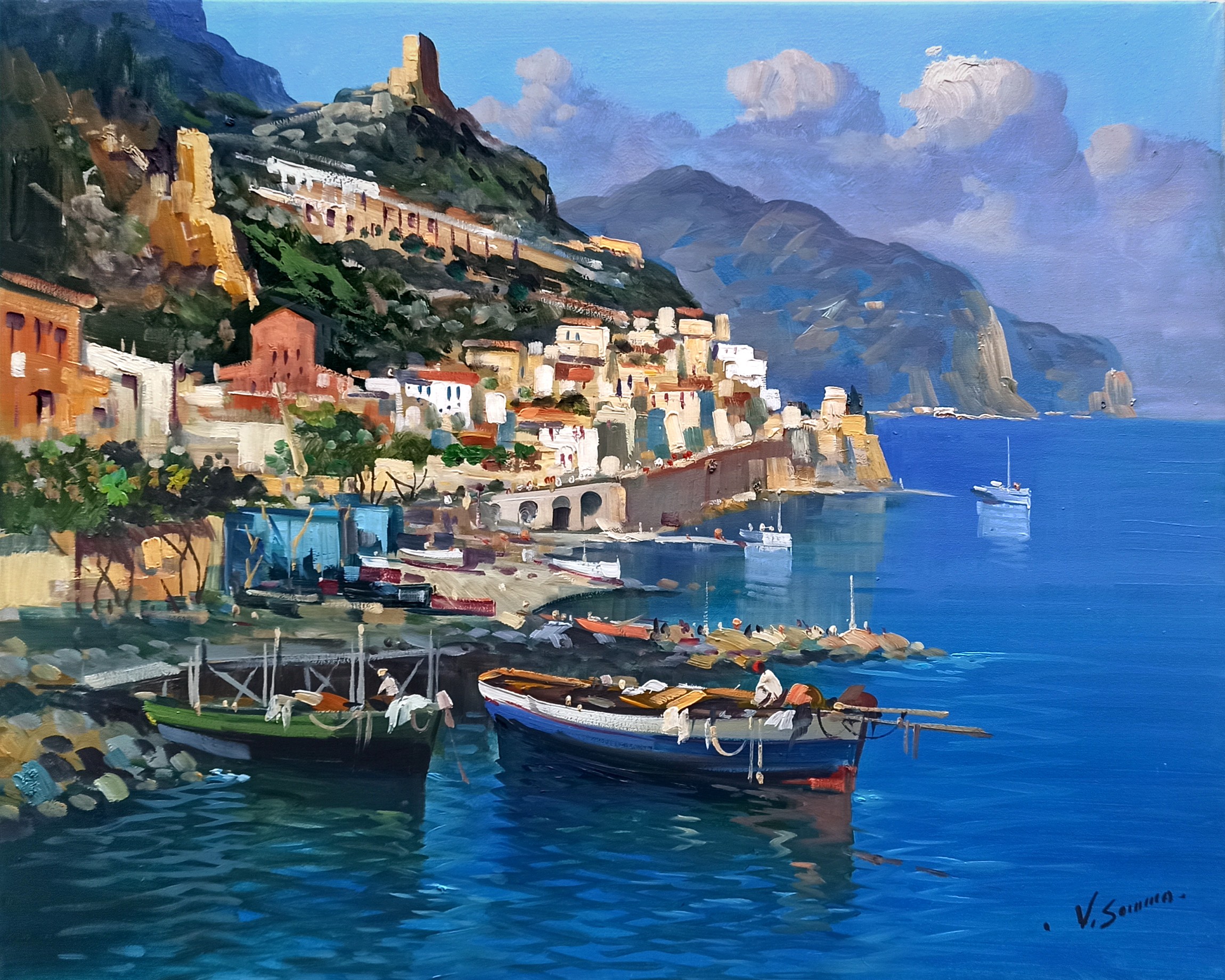 Vincenzo Somma, Fishing boats - Amalfi Italy painting Vincenzo Somma, Fishing boats - Amalfi Italy painting