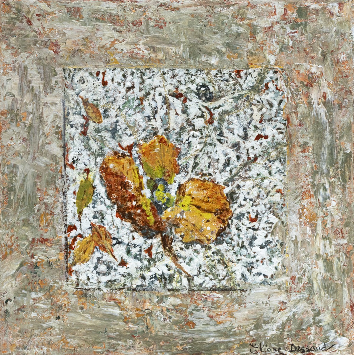 Eliane Dessaud, Feuille d'automne sur Lichen n° 58 - série écorces d'arbres et minéraux Eliane Dessaud, Feuille d'automne sur Lichen n° 58 - série écorces d'arbres et minéraux